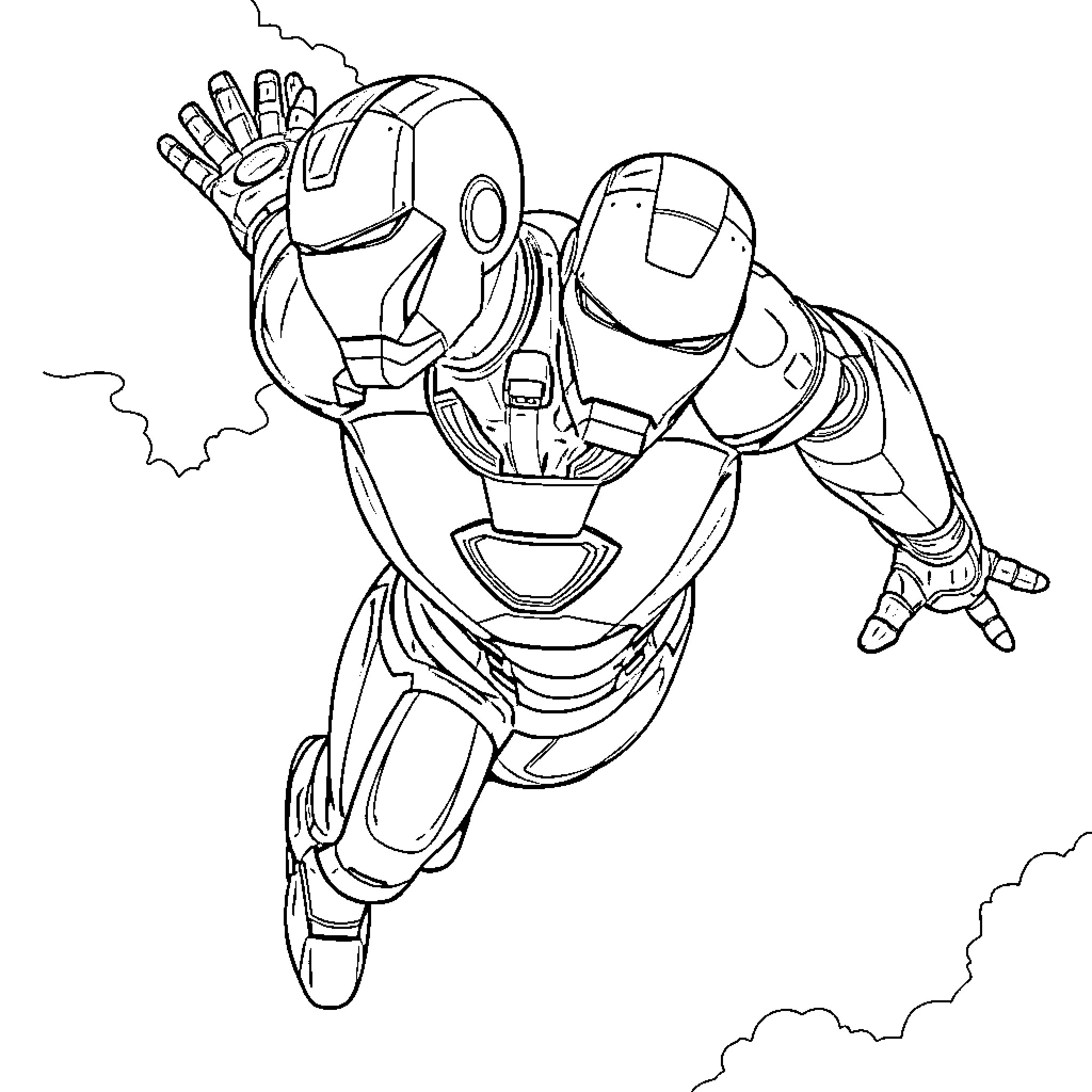 Ironman in heroic action flying through the sky Coloring Page (free black-and-white line drawing printable PDF for all, from beginners to advanced learners, including children, teens, adults, and seniors)