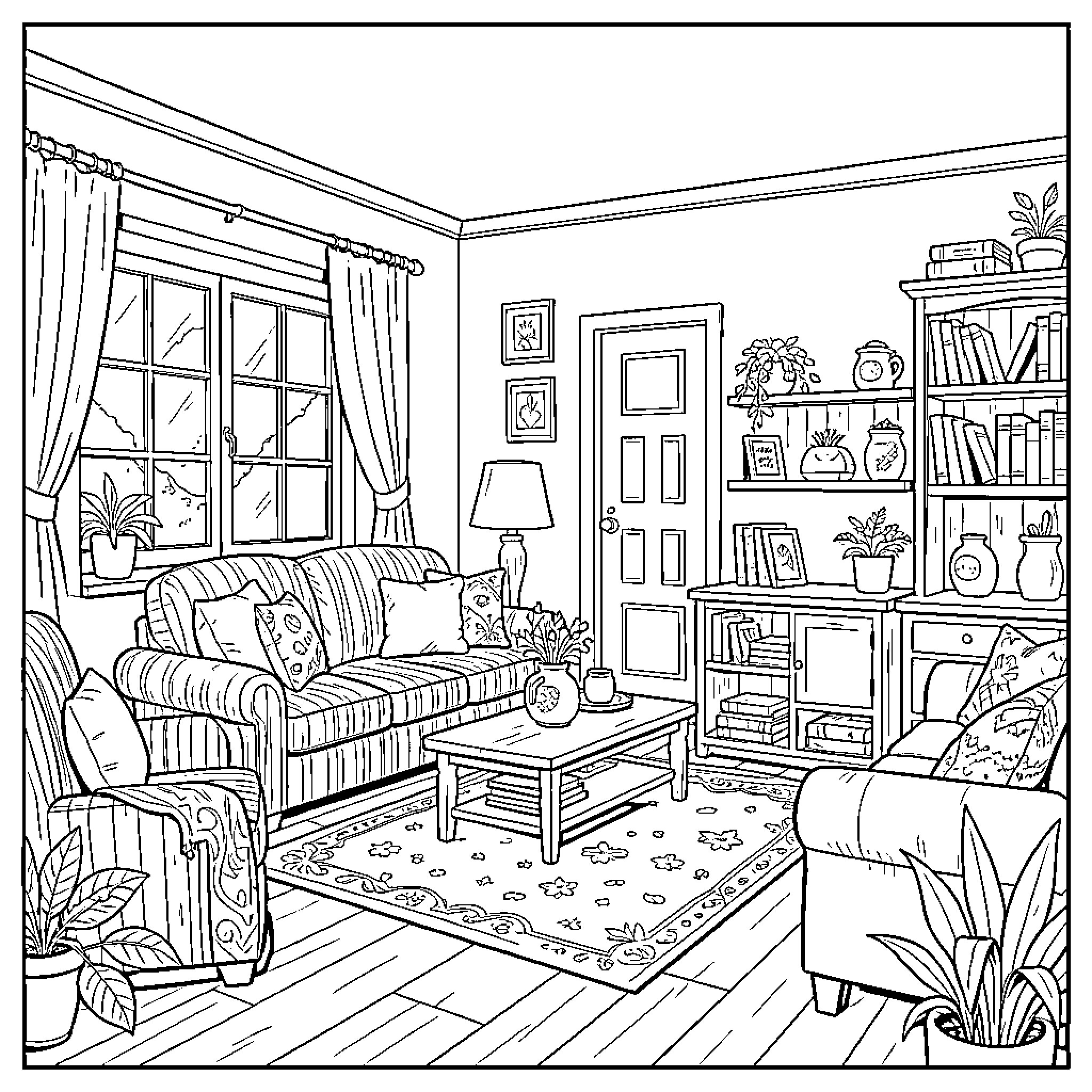 Home interior with cozy living room furniture Coloring Page (free black-and-white line drawing printable PDF for all, from beginners to advanced learners, including children, teens, adults, and seniors)