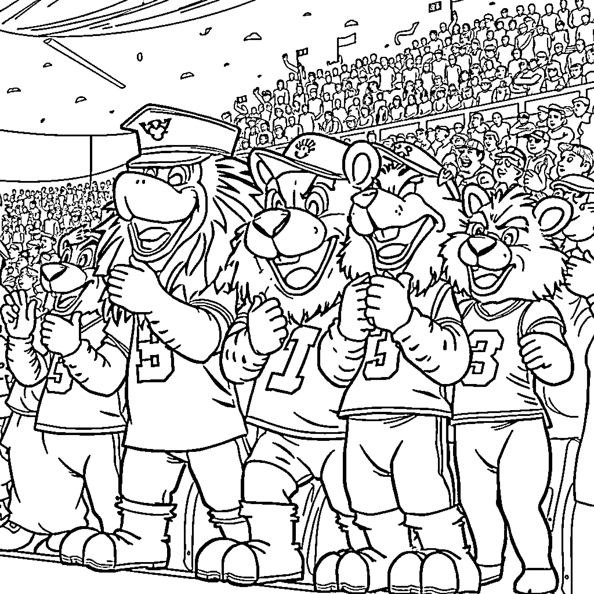 College Mascot Triumphant Celebration with Excited Crowd Coloring Page (free black-and-white line drawing printable PDF for all, from beginners to advanced learners, including children, teens, adults, and seniors)