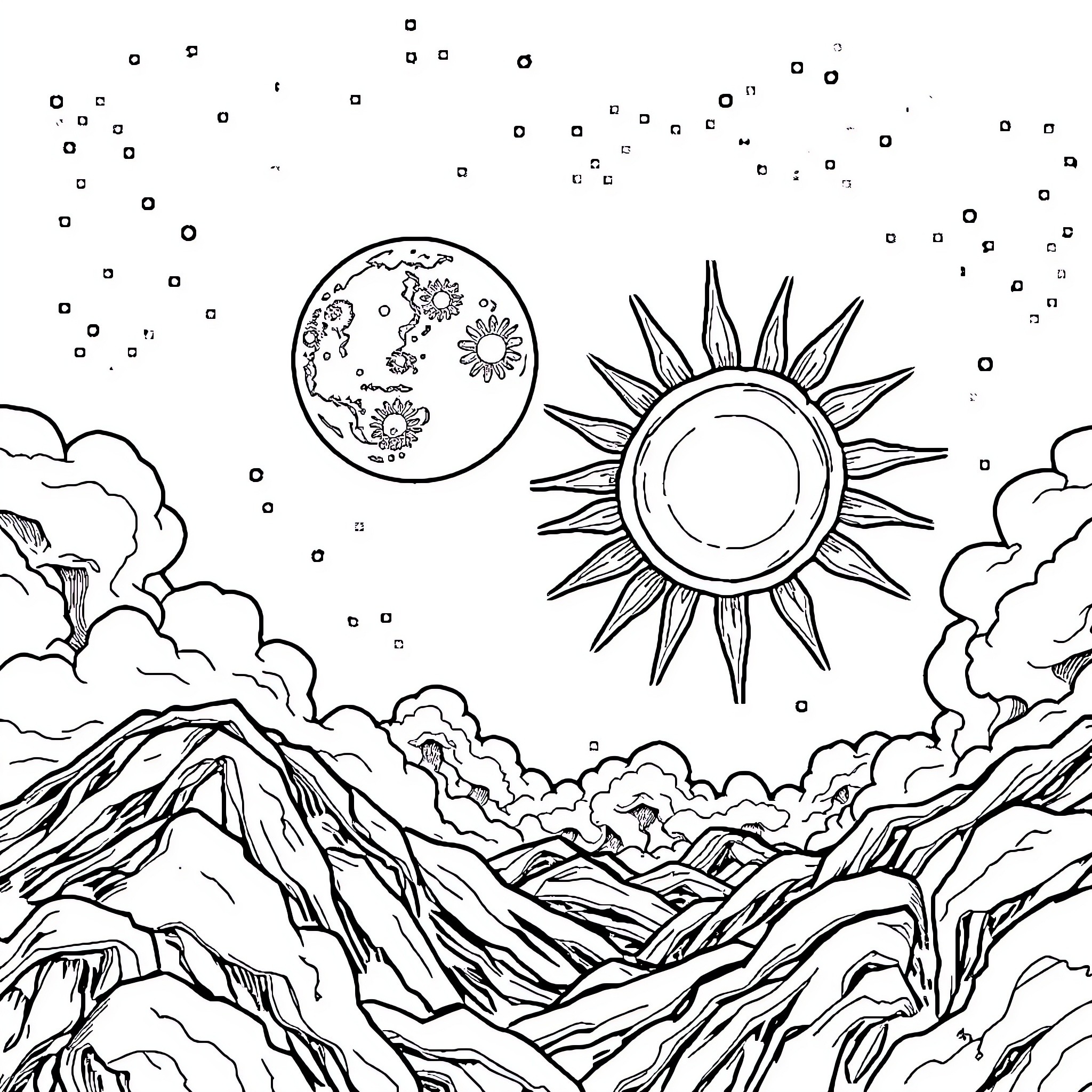 Moon and Sun Over Mountainous Landscape Coloring Page (free black-and-white line drawing printable PDF for all, from beginners to advanced learners, including children, teens, adults, and seniors)