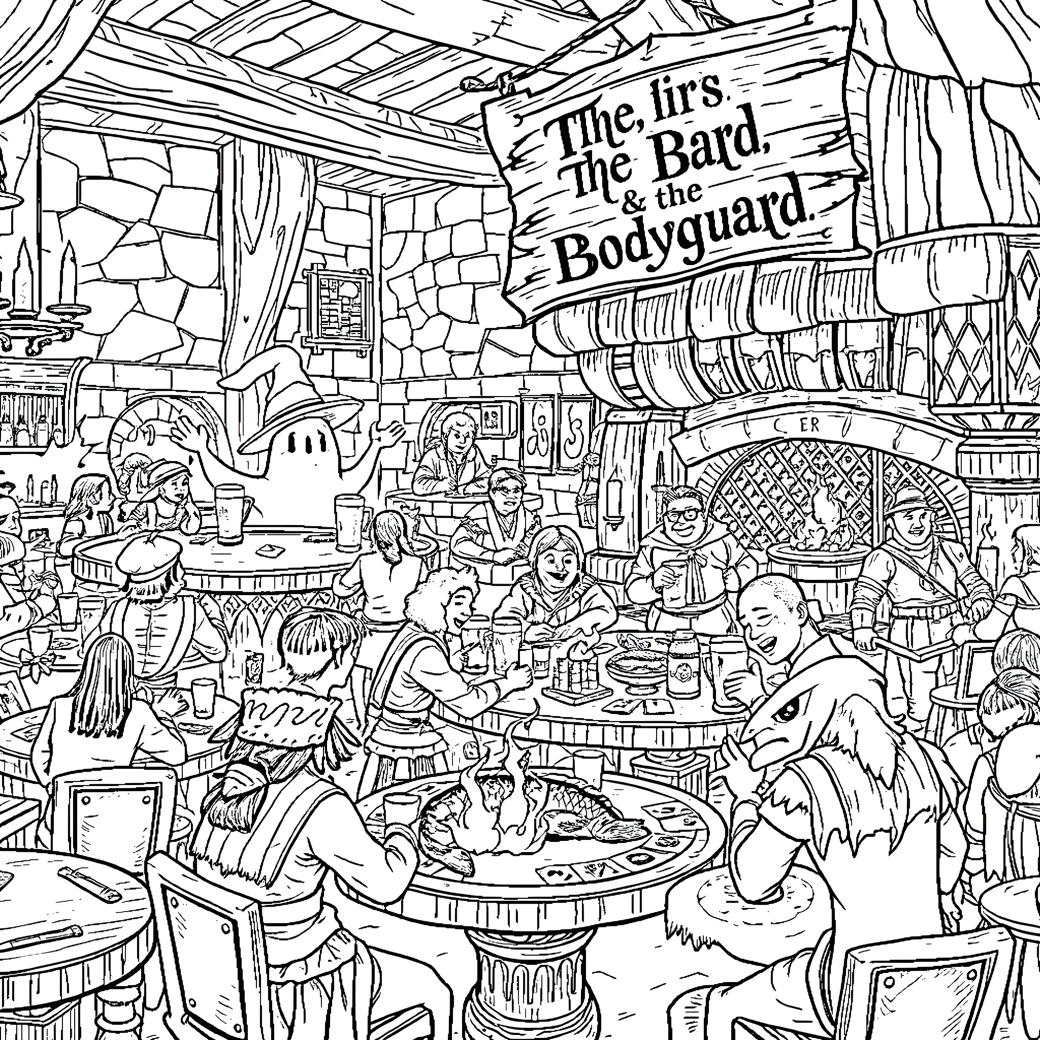 Tavern Scene with Patrons and Entertainers Coloring Page (free black-and-white line drawing printable PDF for all, from beginners to advanced learners, including children, teens, adults, and seniors)