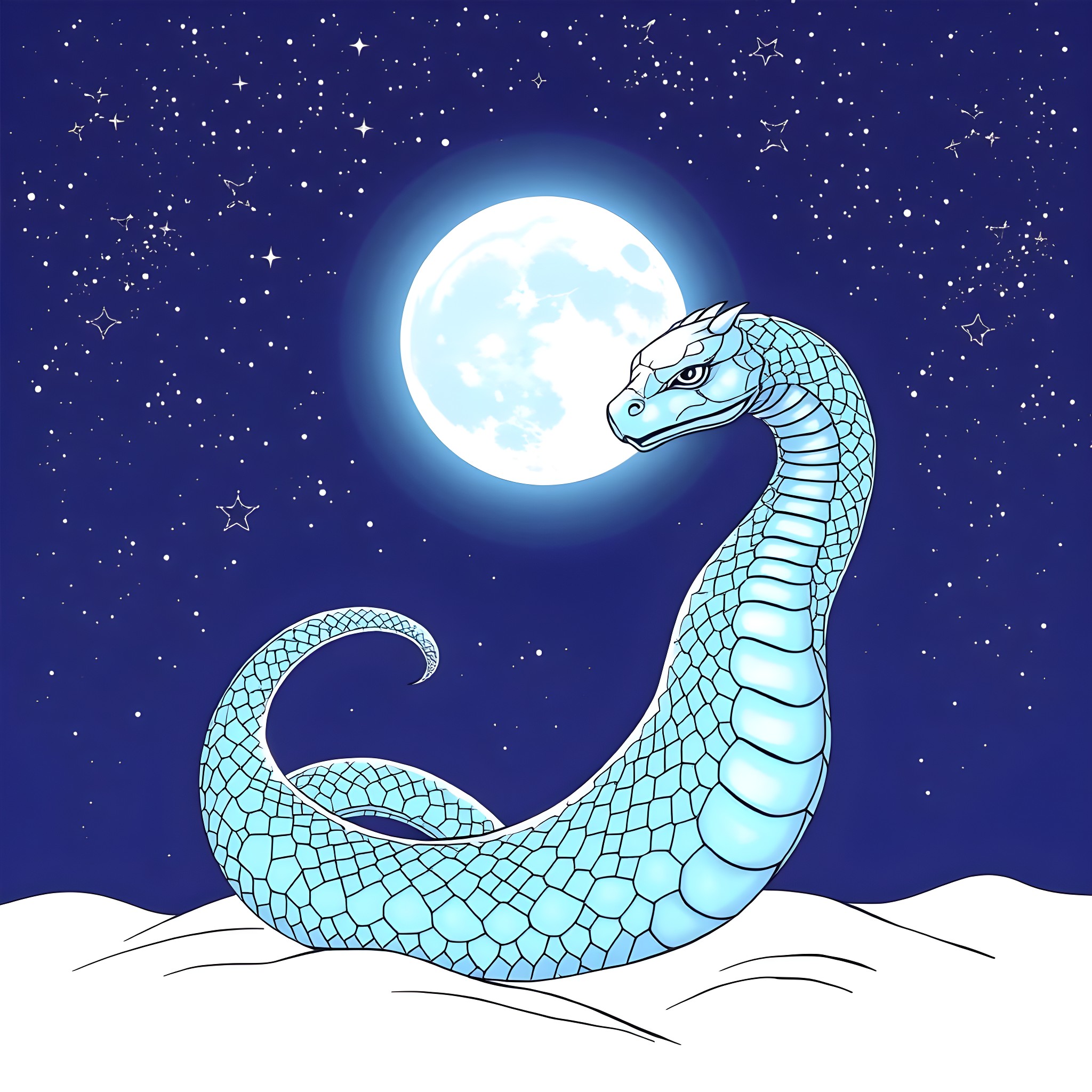 Uktena dragon under the moonlight Coloring Page (free black-and-white line drawing printable PDF for all, from beginners to advanced learners, including children, teens, adults, and seniors)