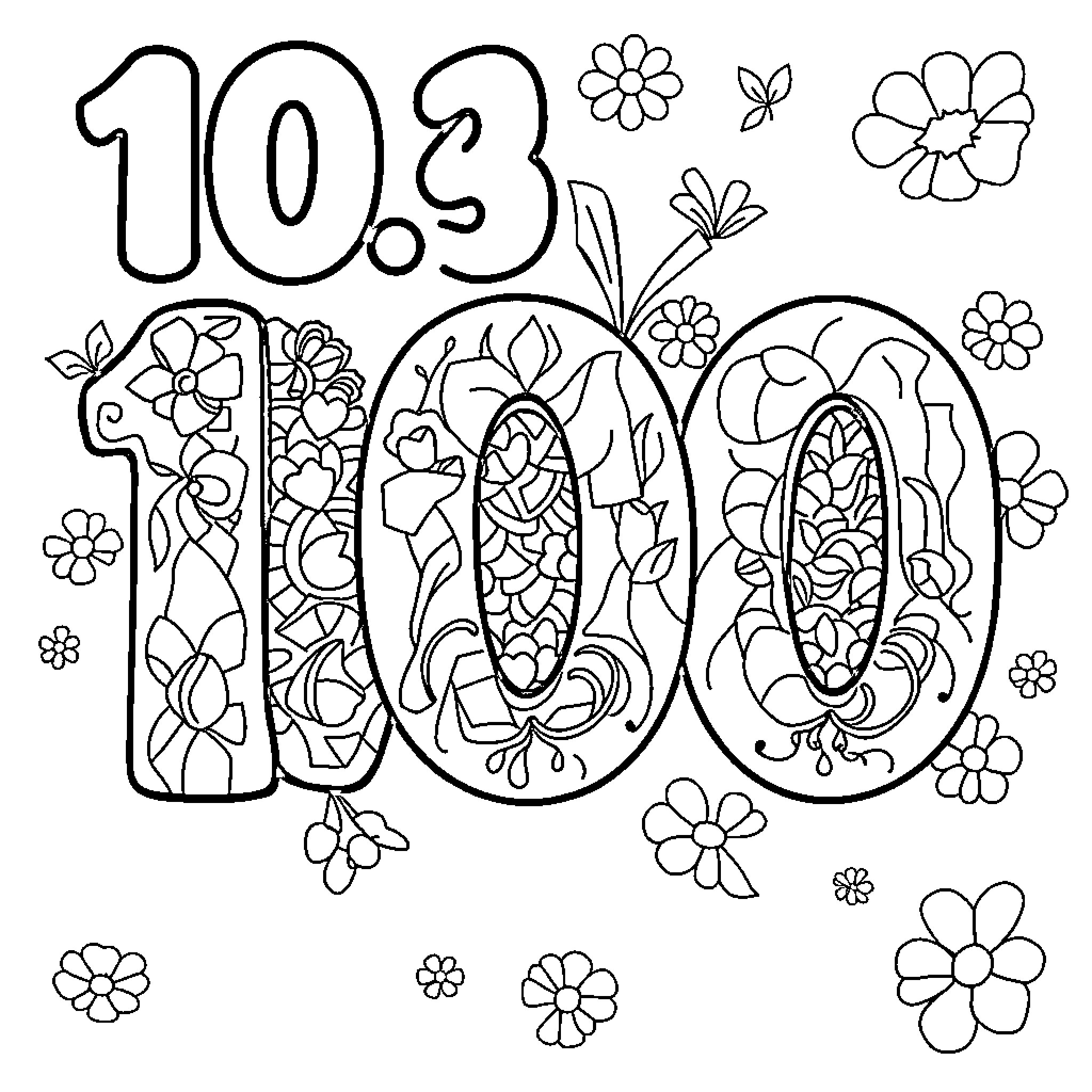 Number 103.100 Floral Design Doodle Coloring Page (free black-and-white line drawing printable PDF for all, from beginners to advanced learners, including children, teens, adults, and seniors)