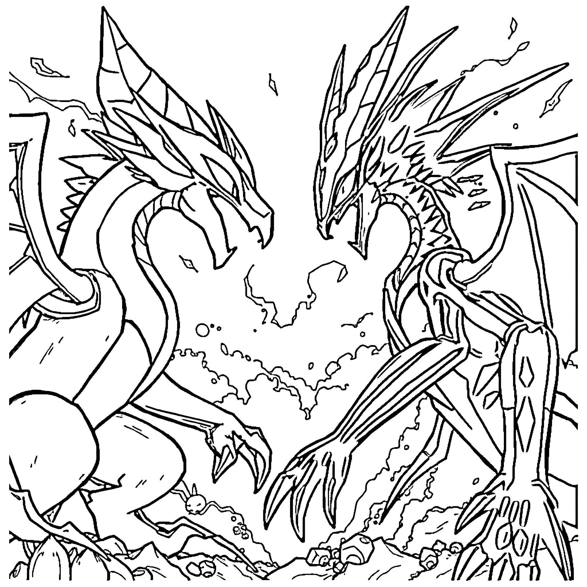 Angiwomon - Fierce dragons battle in the sky Coloring Page (free black-and-white line drawing printable PDF for all, from beginners to advanced learners, including children, teens, adults, and seniors)