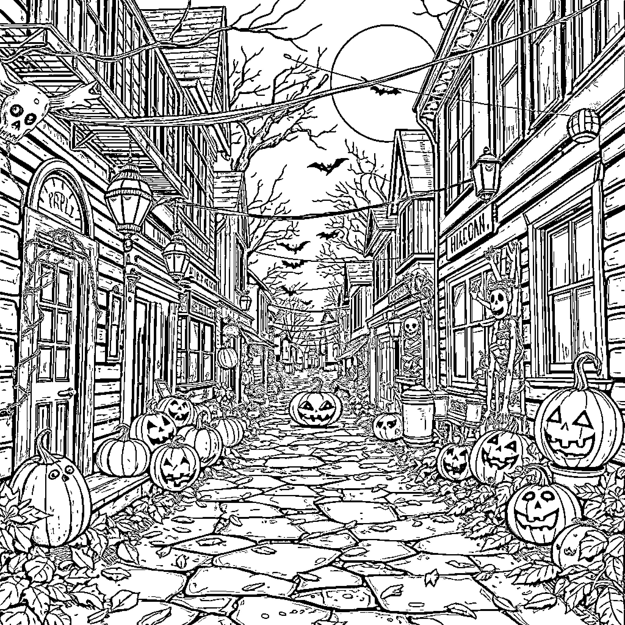 Halloween Night in a Spooky Town Coloring Page (free black-and-white line drawing printable PDF for all, from beginners to advanced learners, including children, teens, adults, and seniors)