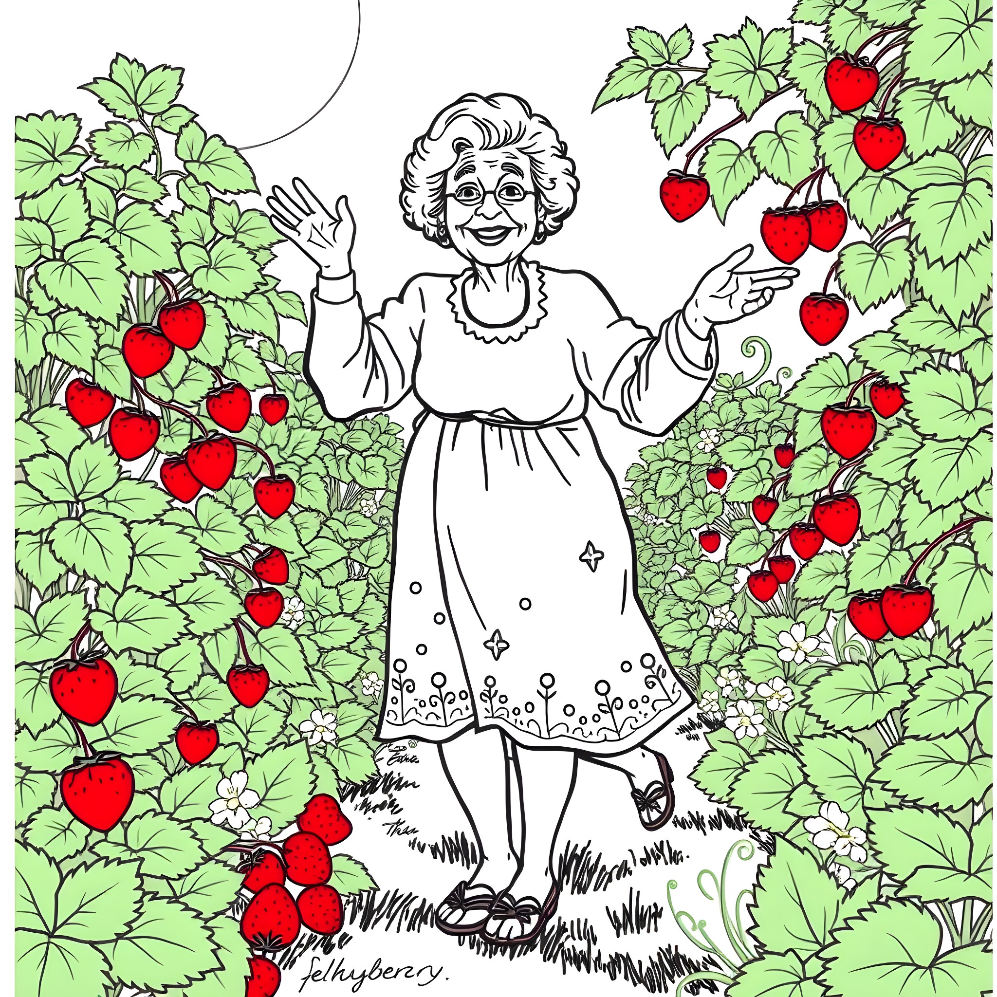 Grandma among the bountiful apple trees Coloring Page (free black-and-white line drawing printable PDF for all, from beginners to advanced learners, including children, teens, adults, and seniors)