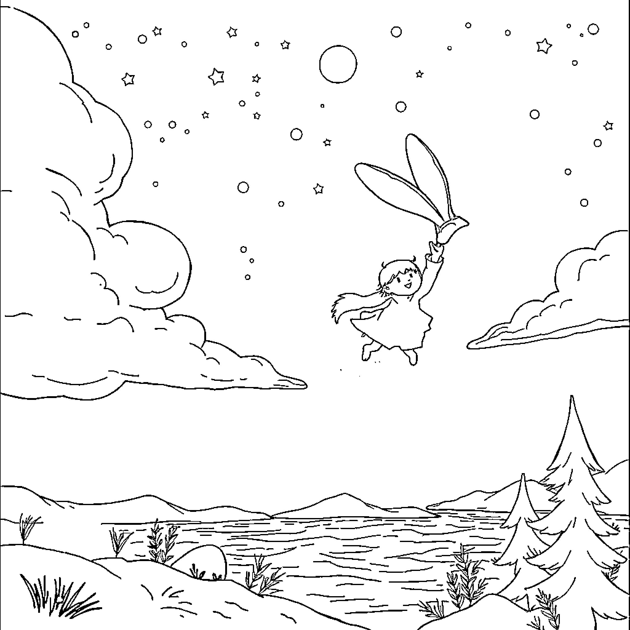 Pippi's whimsical nighttime adventure Coloring Page (free black-and-white line drawing printable PDF for all, from beginners to advanced learners, including children, teens, adults, and seniors)