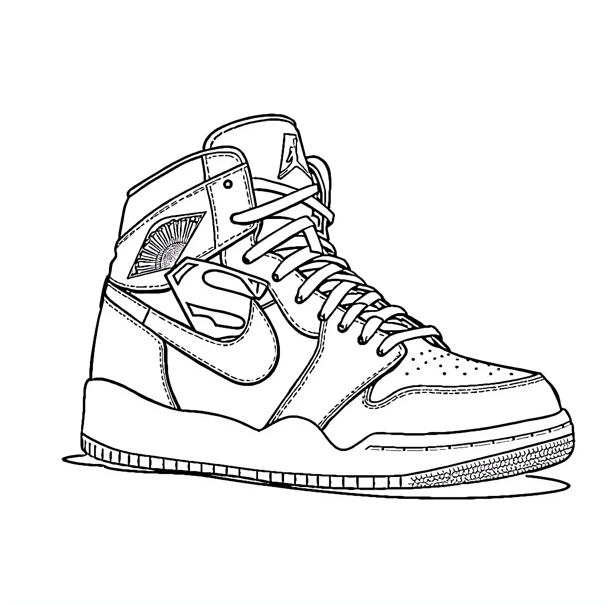 Jordan Shoes with Detailed Design and Lacing Coloring Page (free black-and-white line drawing printable PDF for all, from beginners to advanced learners, including children, teens, adults, and seniors)