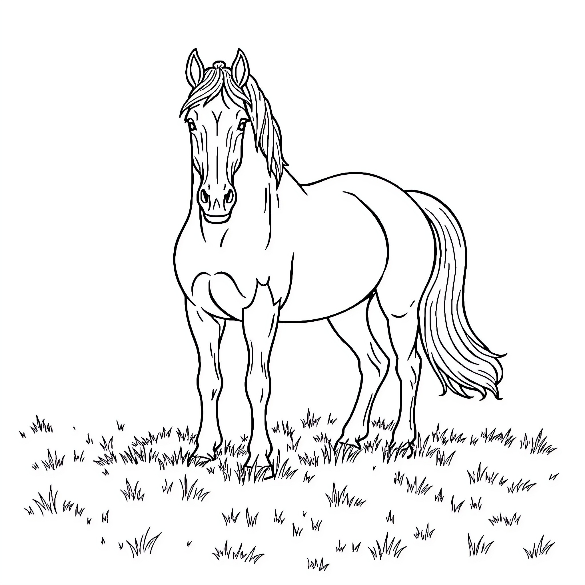 Horse standing proudly in a field Coloring Page (free black-and-white line drawing printable PDF for all, from beginners to advanced learners, including children, teens, adults, and seniors)