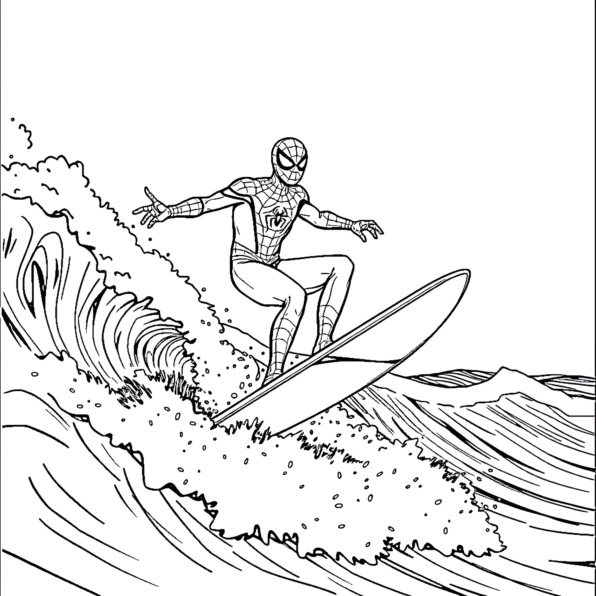 Spiderman surfing on a giant wave Coloring Page (free black-and-white line drawing printable PDF for all, from beginners to advanced learners, including children, teens, adults, and seniors)