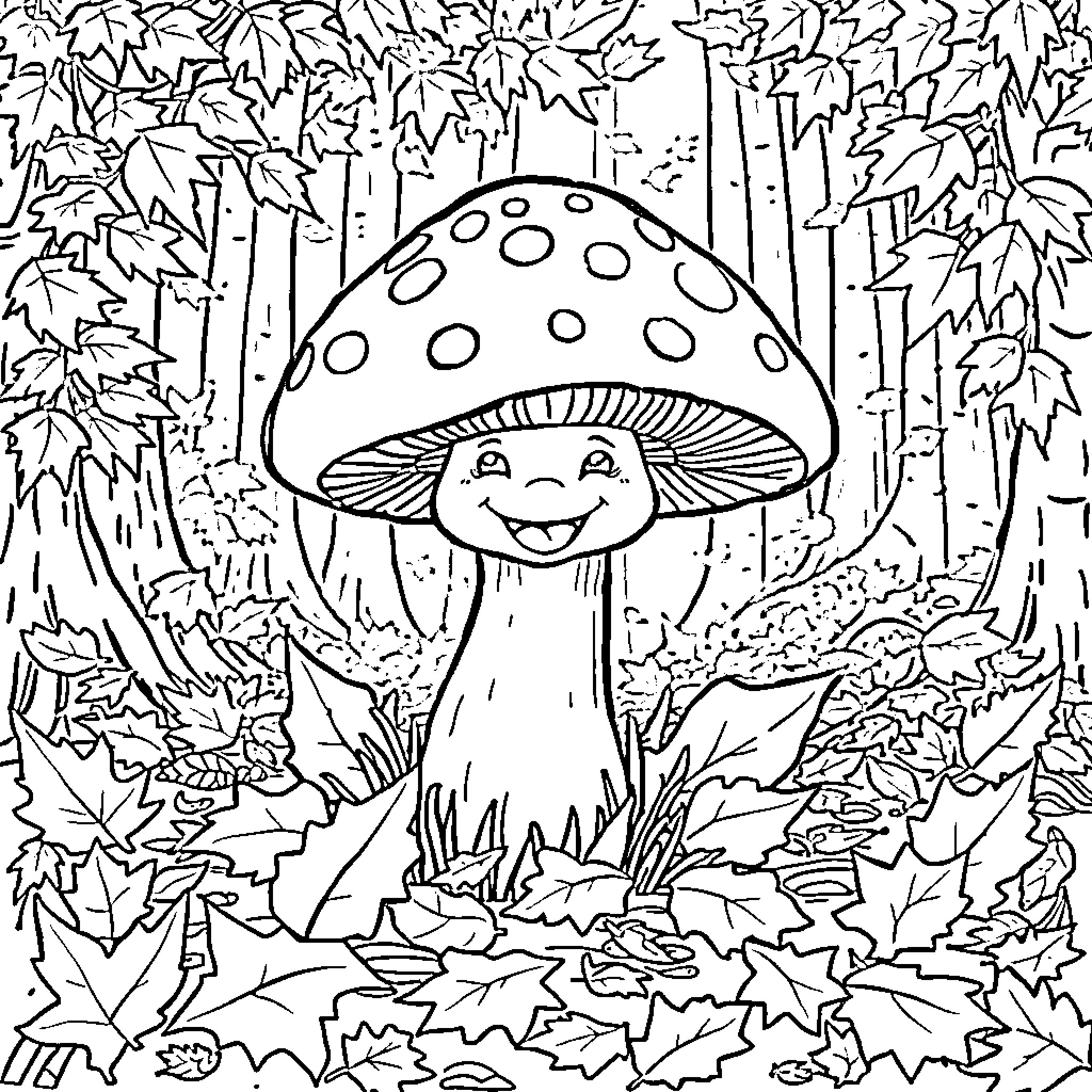 Mushroom character in a whimsical forest scene Coloring Page (free black-and-white line drawing printable PDF for all, from beginners to advanced learners, including children, teens, adults, and seniors)