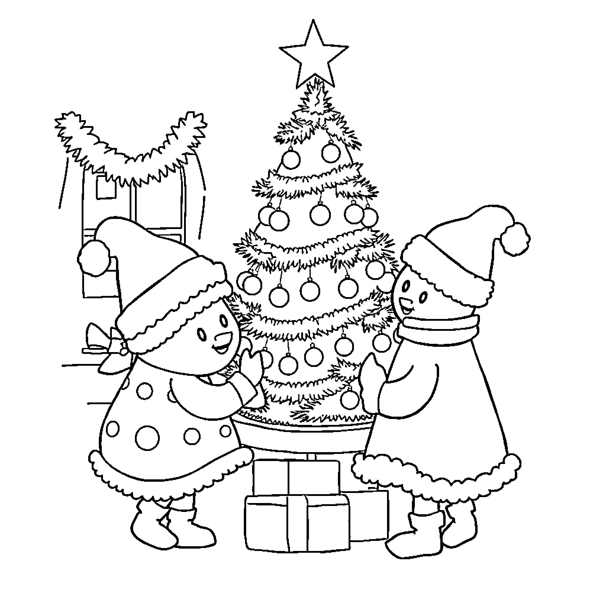 Oui-oui decorating the Christmas tree with friends Coloring Page (free black-and-white line drawing printable PDF for all, from beginners to advanced learners, including children, teens, adults, and seniors)