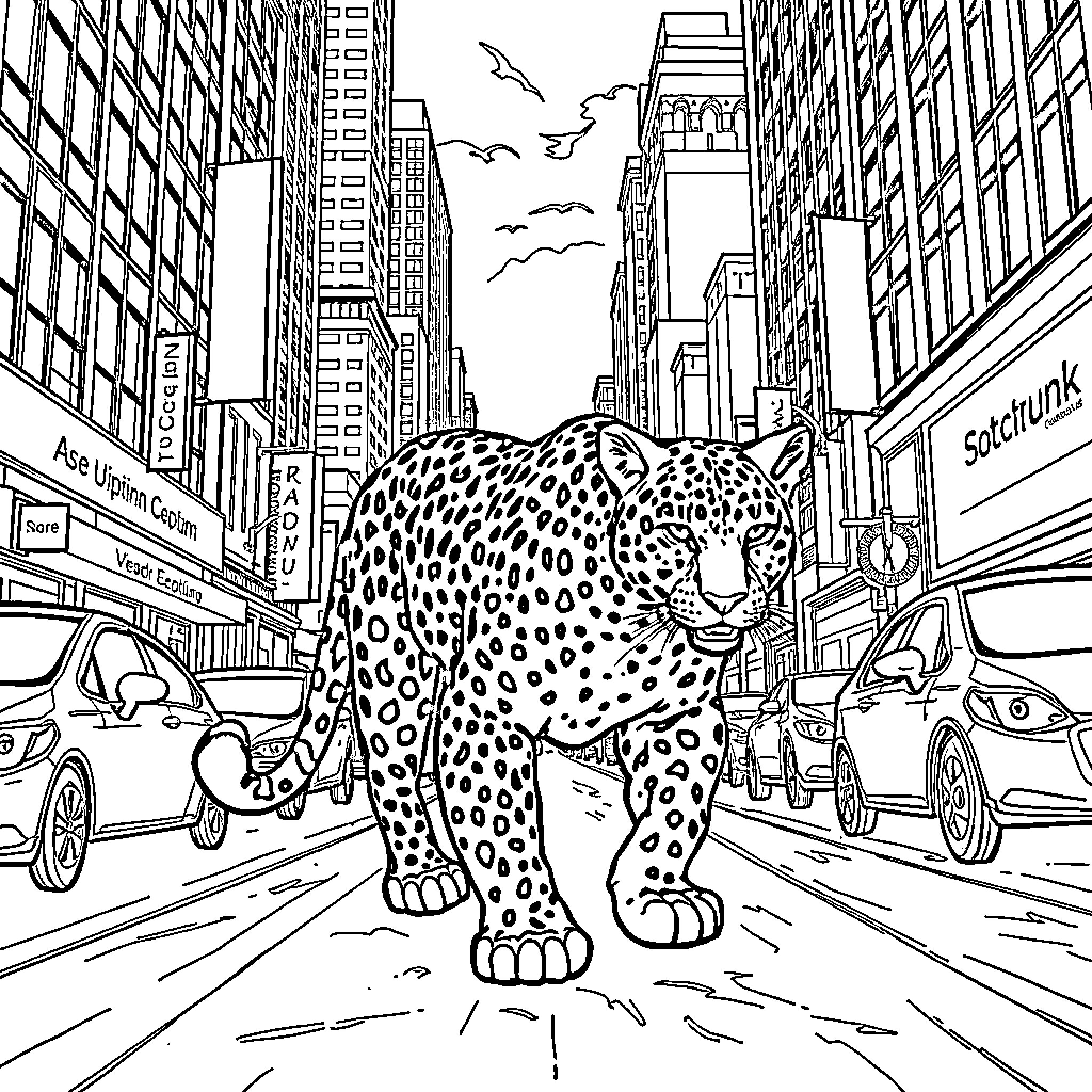 Leopard stalking through bustling city streets Coloring Page (free black-and-white line drawing printable PDF for all, from beginners to advanced learners, including children, teens, adults, and seniors)