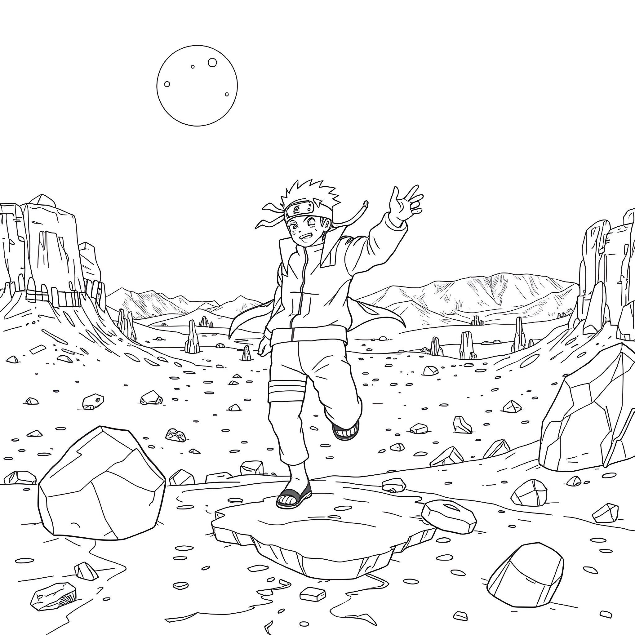 Naruto running enthusiastically in the desert landscape Coloring Page (free black-and-white line drawing printable PDF for all, from beginners to advanced learners, including children, teens, adults, and seniors)