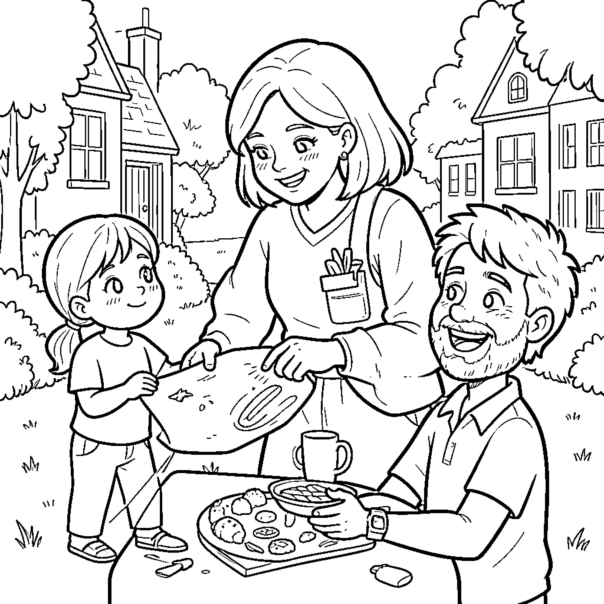 Social Worker Assisting Family with Meal Preparation Coloring Page (free black-and-white line drawing printable PDF for all, from beginners to advanced learners, including children, teens, adults, and seniors)