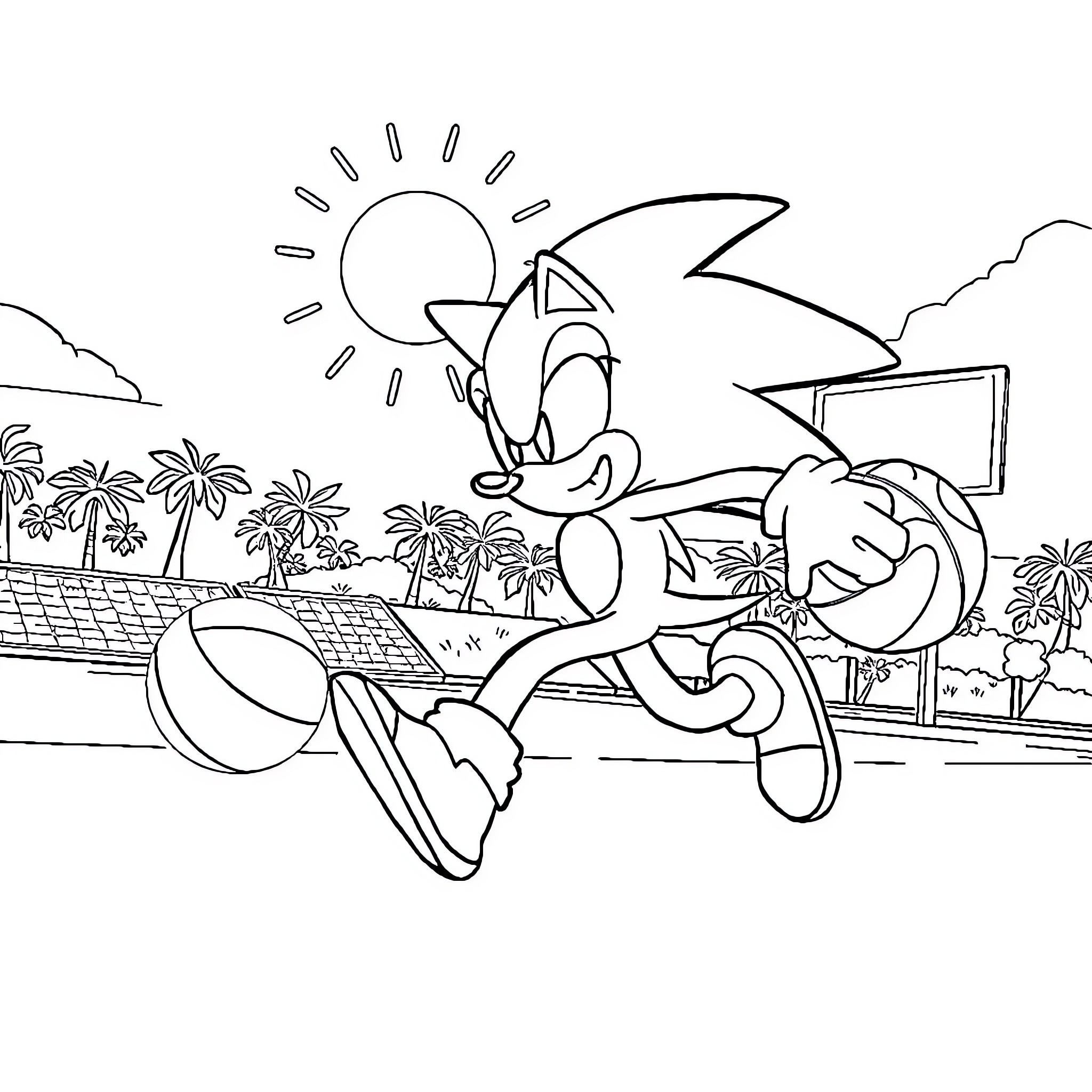 Sonic enjoying a sunny day at the beach Coloring Page (free black-and-white line drawing printable PDF for all, from beginners to advanced learners, including children, teens, adults, and seniors)