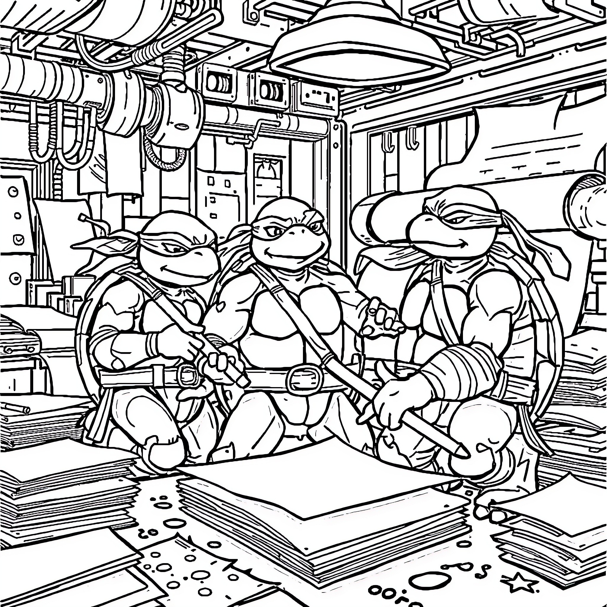 Ninja Turtles reading books in a futuristic space setting Coloring Page (free black-and-white line drawing printable PDF for all, from beginners to advanced learners, including children, teens, adults, and seniors)