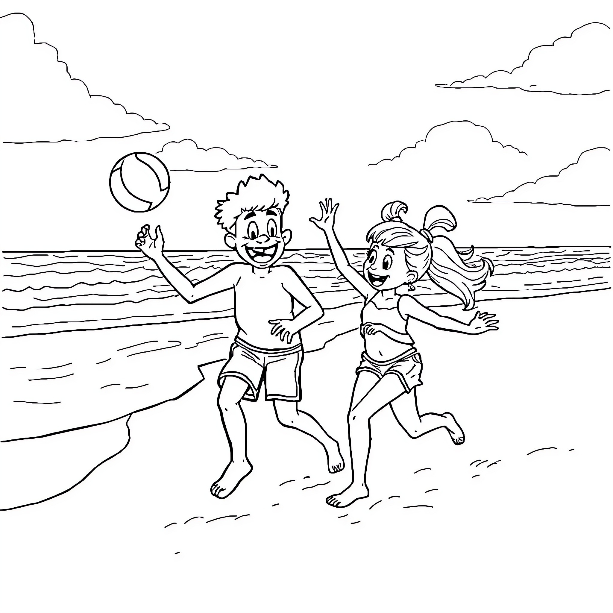 Bluey and friends playing on the beach Coloring Page (free black-and-white line drawing printable PDF for all, from beginners to advanced learners, including children, teens, adults, and seniors)