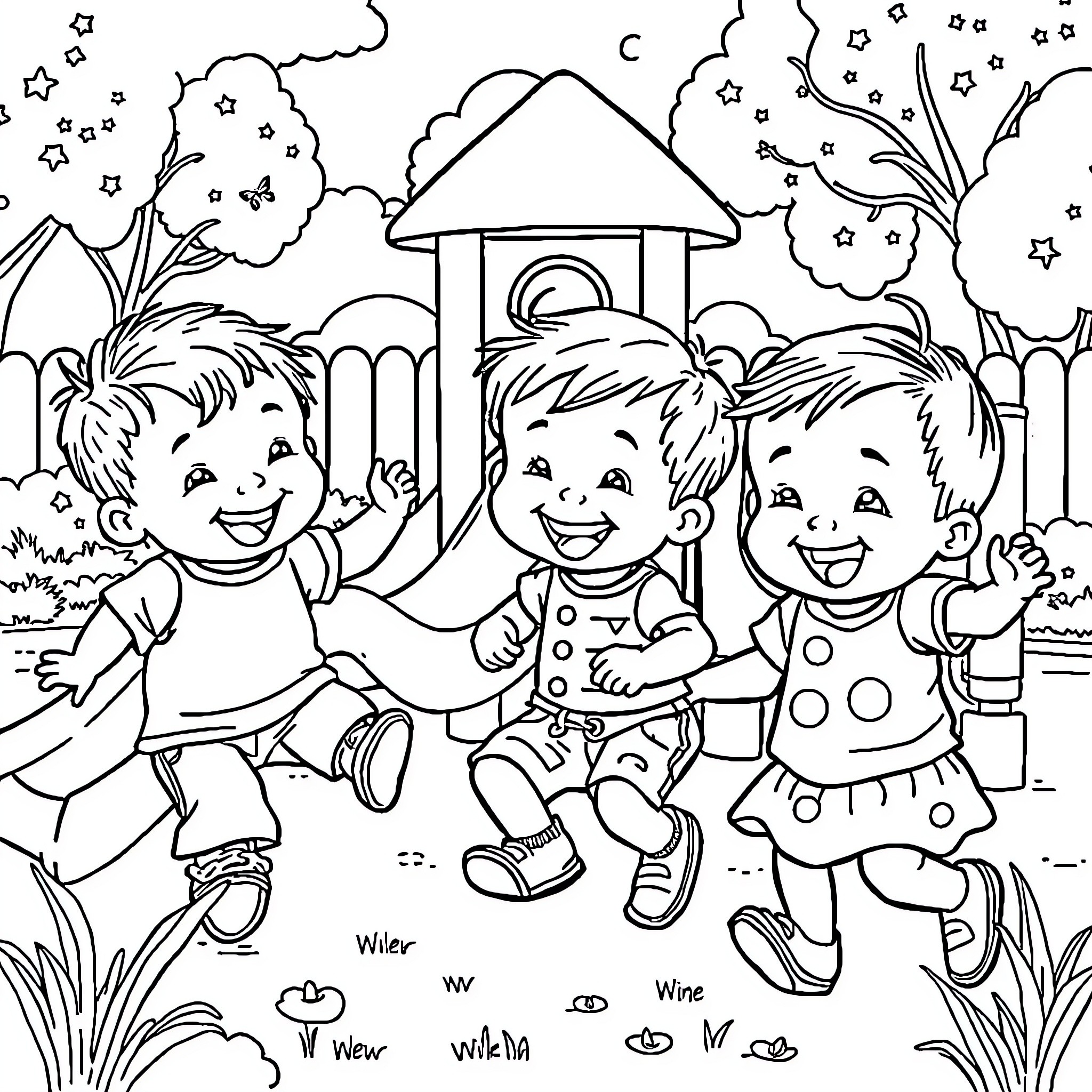 Toddlers playing happily in a playground Coloring Page (free black-and-white line drawing printable PDF for all, from beginners to advanced learners, including children, teens, adults, and seniors)