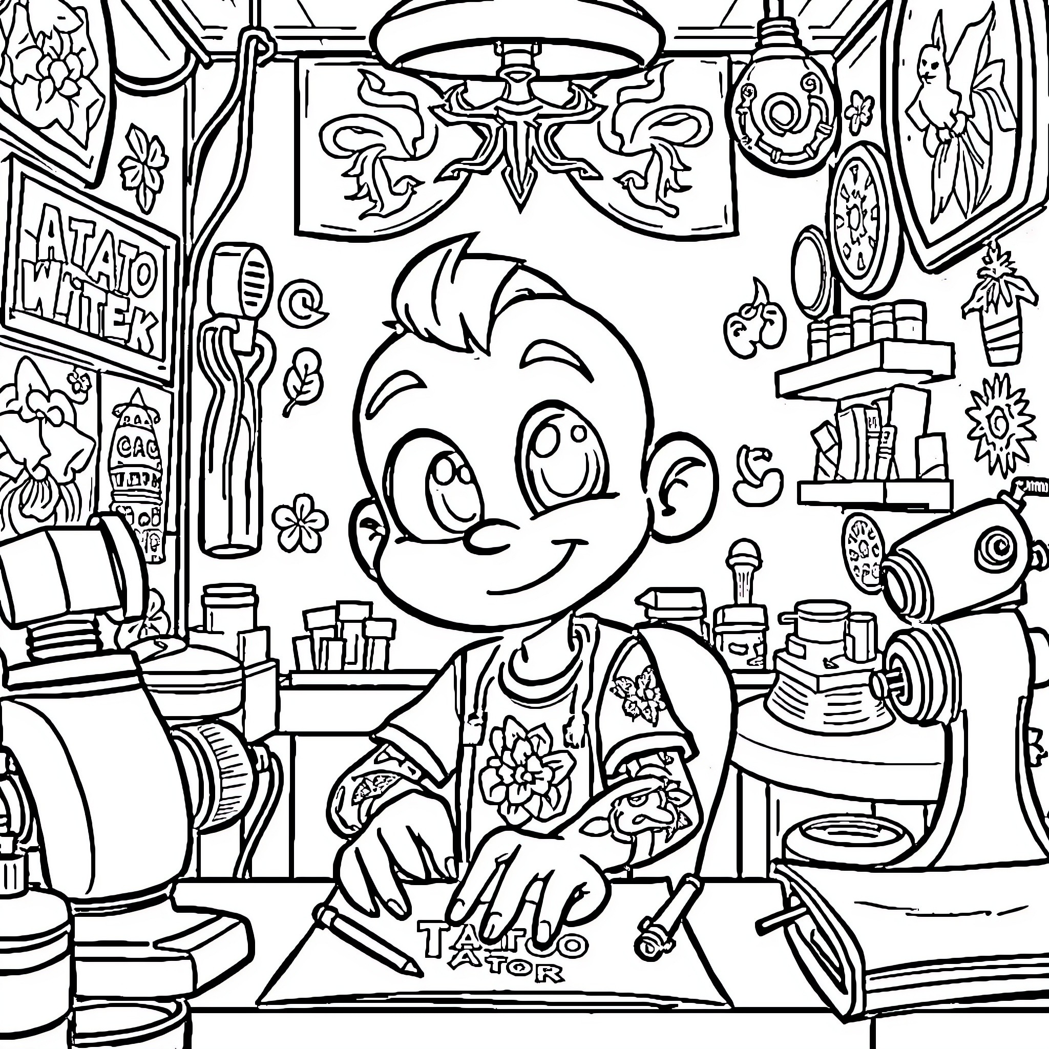 Character creating art in a cluttered art studio Coloring Page (free black-and-white line drawing printable PDF for all, from beginners to advanced learners, including children, teens, adults, and seniors)