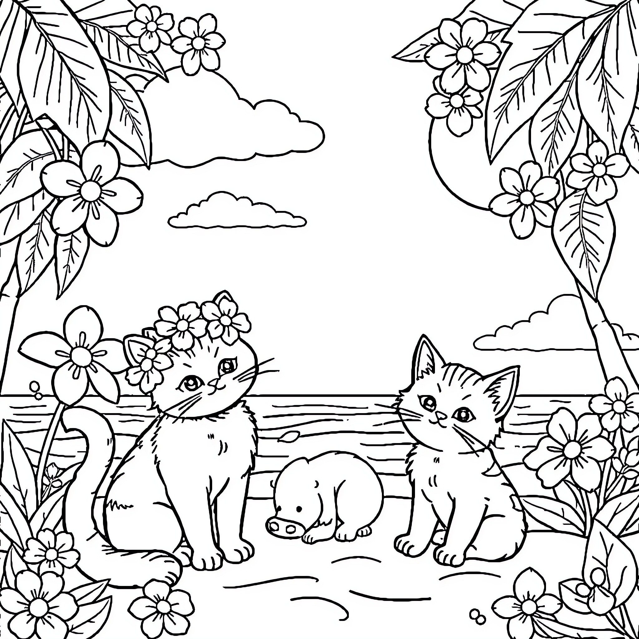 Cat and Kittens in Floral Outdoor Scene Coloring Page (free black-and-white line drawing printable PDF for all, from beginners to advanced learners, including children, teens, adults, and seniors)