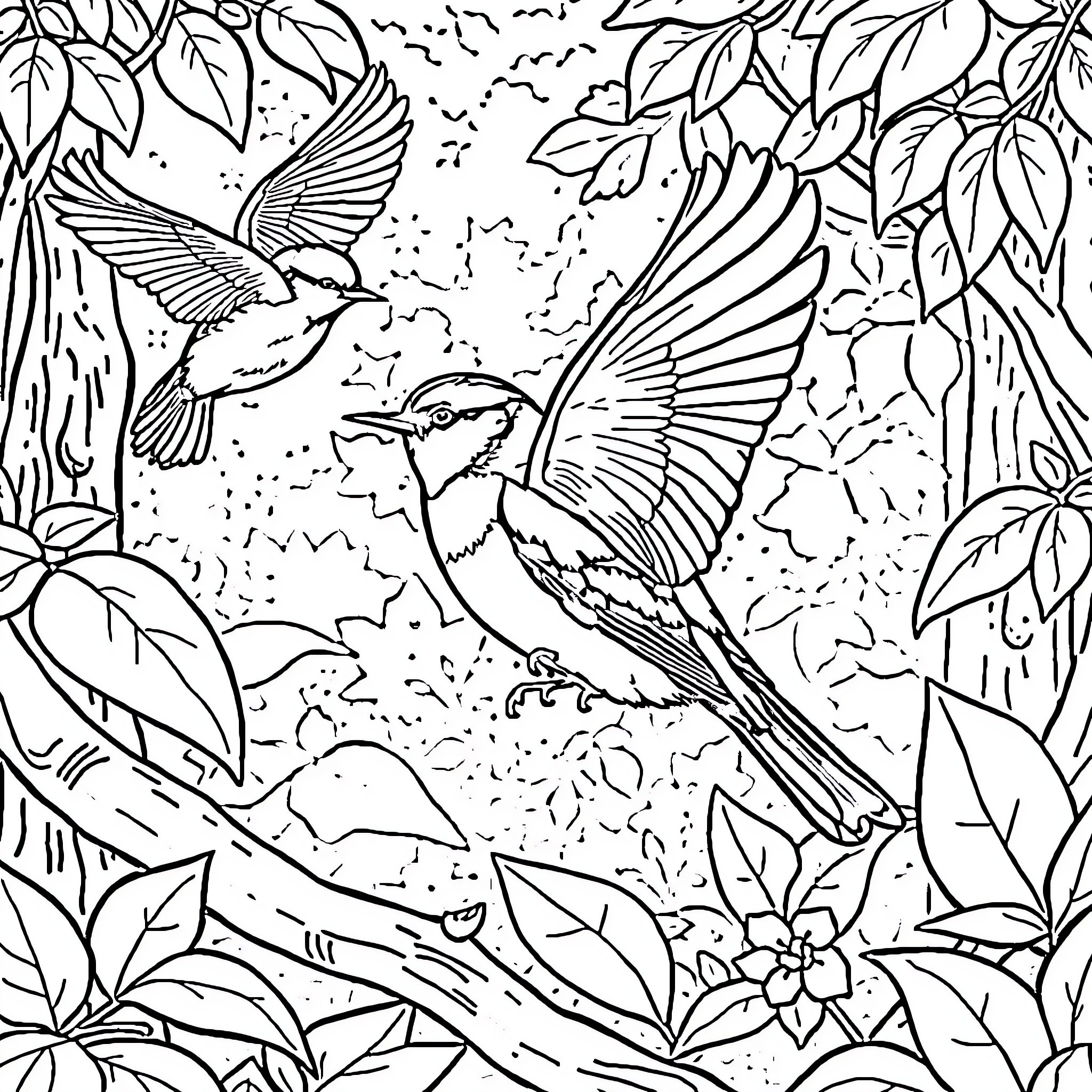 Titanic Birds Soaring in Lush Foliage Coloring Page (free black-and-white line drawing printable PDF for all, from beginners to advanced learners, including children, teens, adults, and seniors)