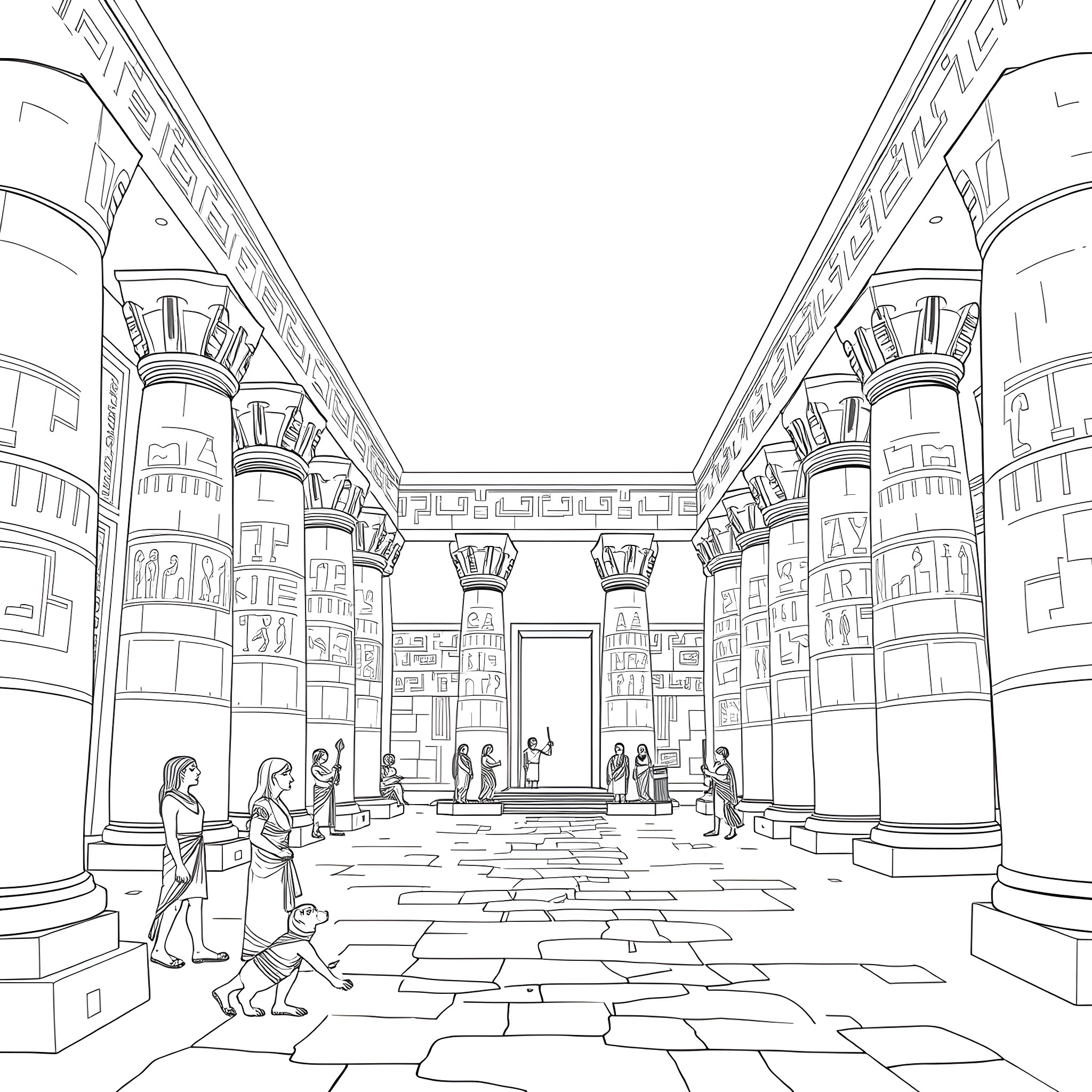 Ancient Life in an Ornate Palace Interior Coloring Page (free black-and-white line drawing printable PDF for all, from beginners to advanced learners, including children, teens, adults, and seniors)