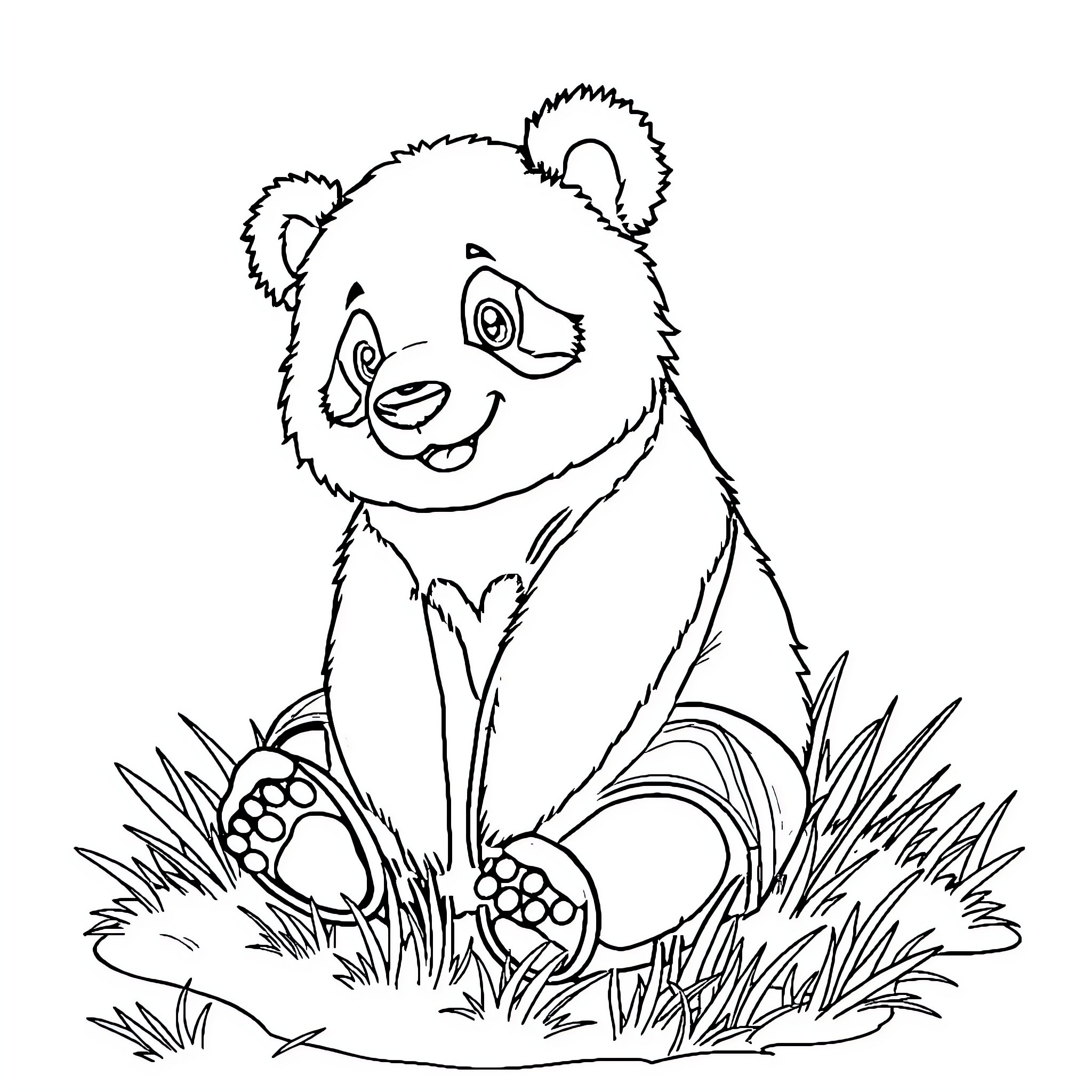 Panda sitting happily in the grass Coloring Page (free black-and-white line drawing printable PDF for all, from beginners to advanced learners, including children, teens, adults, and seniors)