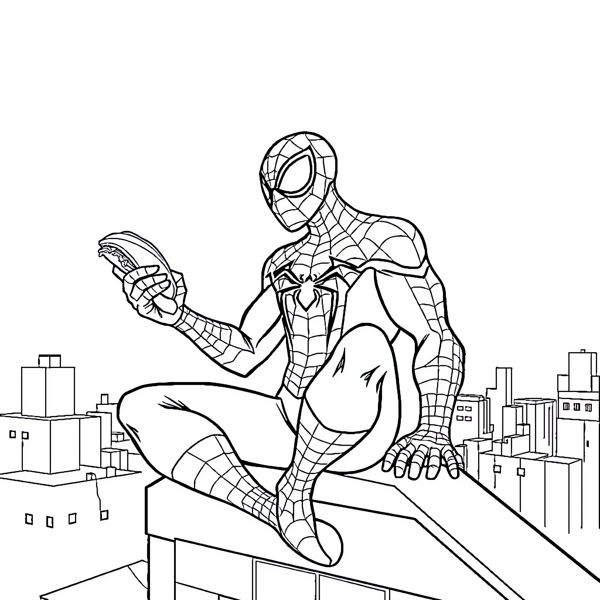 Spider-Man swinging through the city skyline Coloring Page (free black-and-white line drawing printable PDF for all, from beginners to advanced learners, including children, teens, adults, and seniors)
