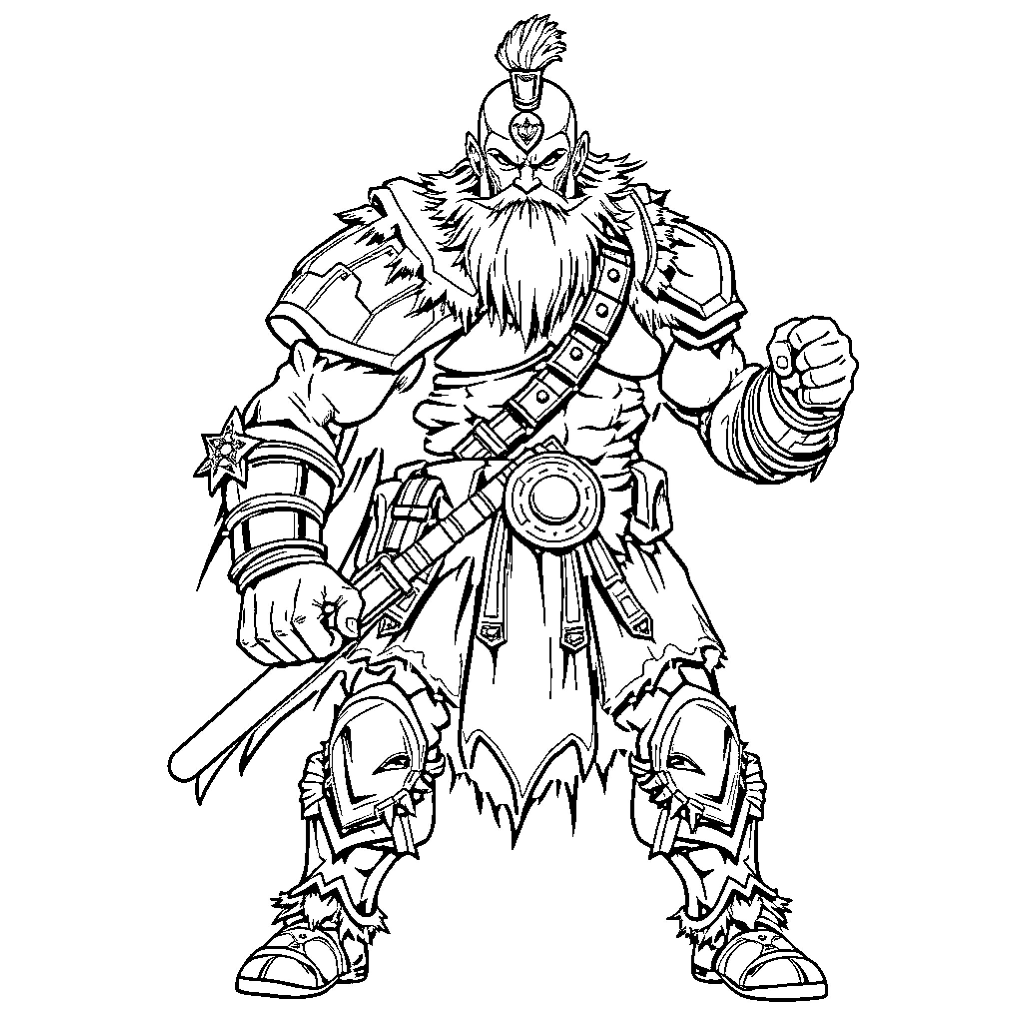 Warrior in Ornate Armor Wielding Weapons Coloring Page (free black-and-white line drawing printable PDF for all, from beginners to advanced learners, including children, teens, adults, and seniors)
