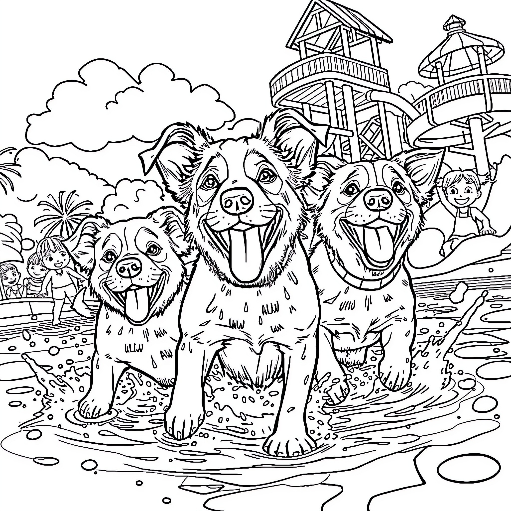 Dog friends enjoying a day at the beach Coloring Page (free black-and-white line drawing printable PDF for all, from beginners to advanced learners, including children, teens, adults, and seniors)
