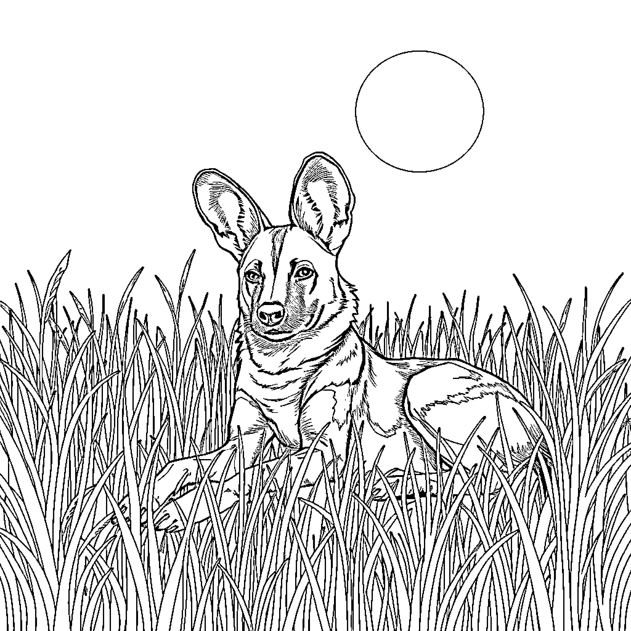 African Wild Dog Peeking Through Tall Grass Coloring Page (free black-and-white line drawing printable PDF for all, from beginners to advanced learners, including children, teens, adults, and seniors)