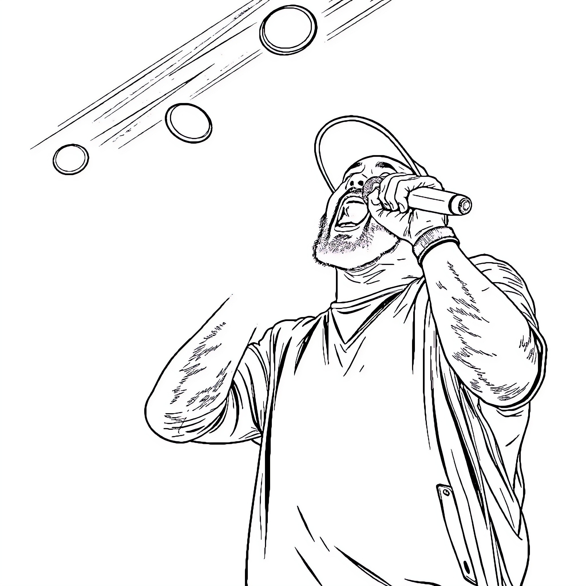 Mac Miller performing on stage with microphone Coloring Page (free black-and-white line drawing printable PDF for all, from beginners to advanced learners, including children, teens, adults, and seniors)