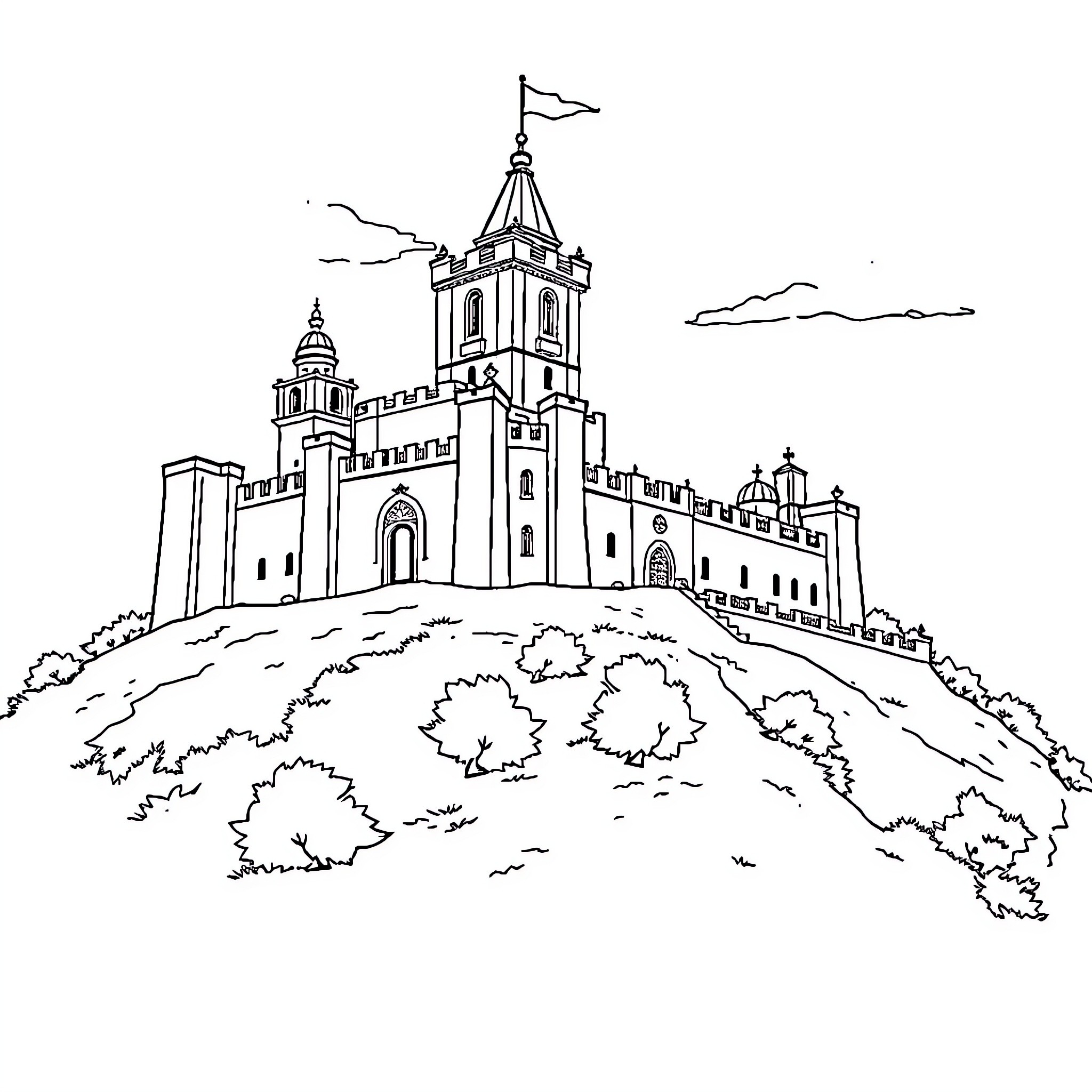Castle on a Hilltop with Spires and Flags Coloring Page (free black-and-white line drawing printable PDF for all, from beginners to advanced learners, including children, teens, adults, and seniors)