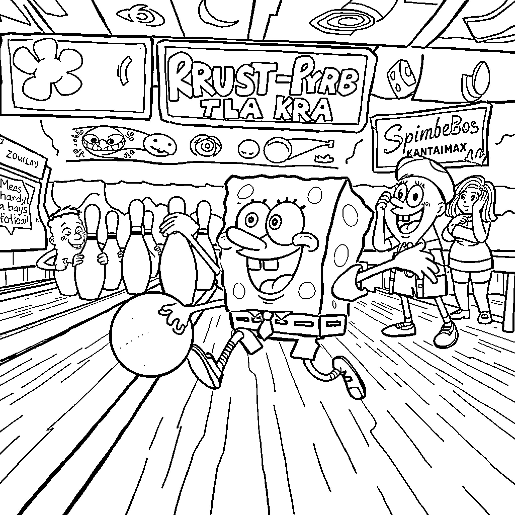 Spongebob bowling with friends at the Krusty Krab Coloring Page (free black-and-white line drawing printable PDF for all, from beginners to advanced learners, including children, teens, adults, and seniors)
