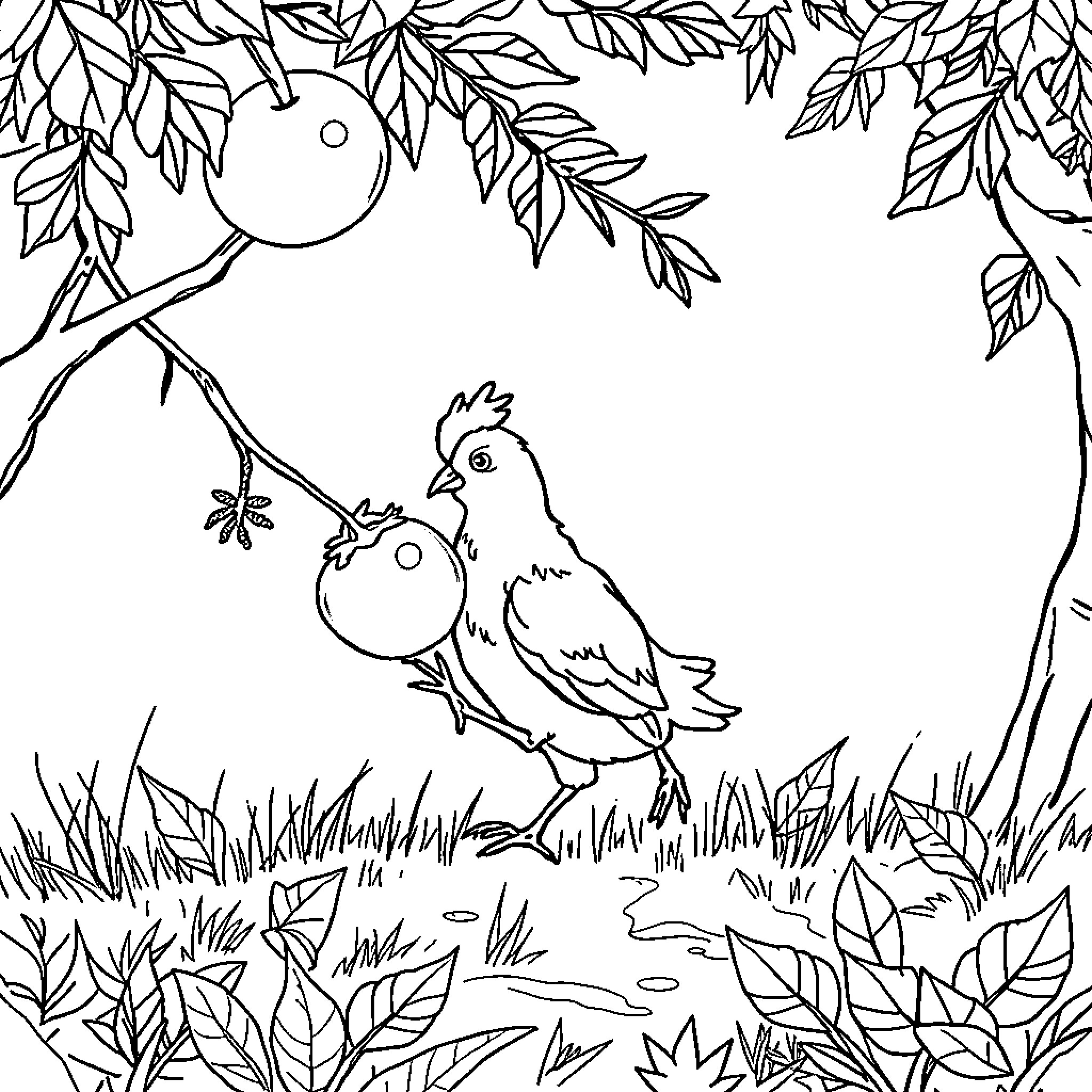Hen amidst lush foliage and natural environment Coloring Page (free black-and-white line drawing printable PDF for all, from beginners to advanced learners, including children, teens, adults, and seniors)