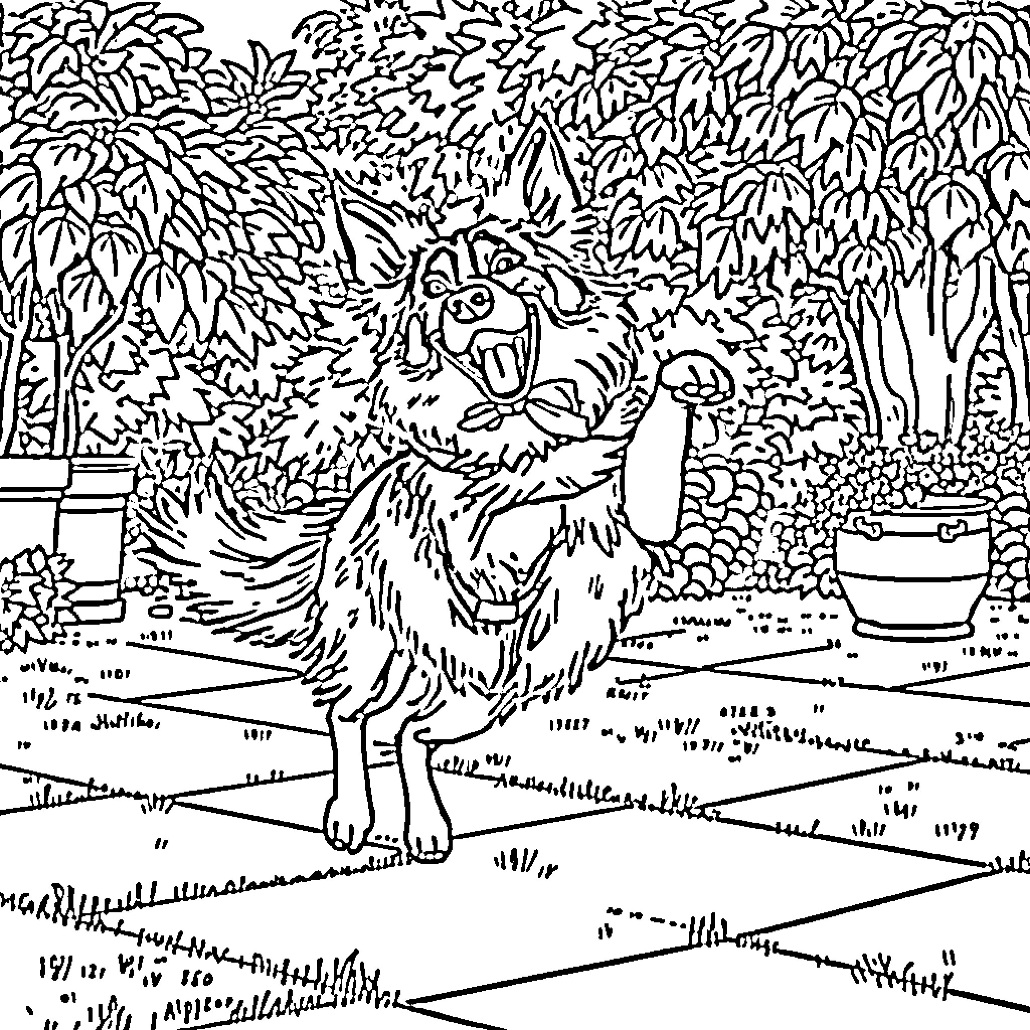 Border Collie playing in a lush garden Coloring Page (free black-and-white line drawing printable PDF for all, from beginners to advanced learners, including children, teens, adults, and seniors)