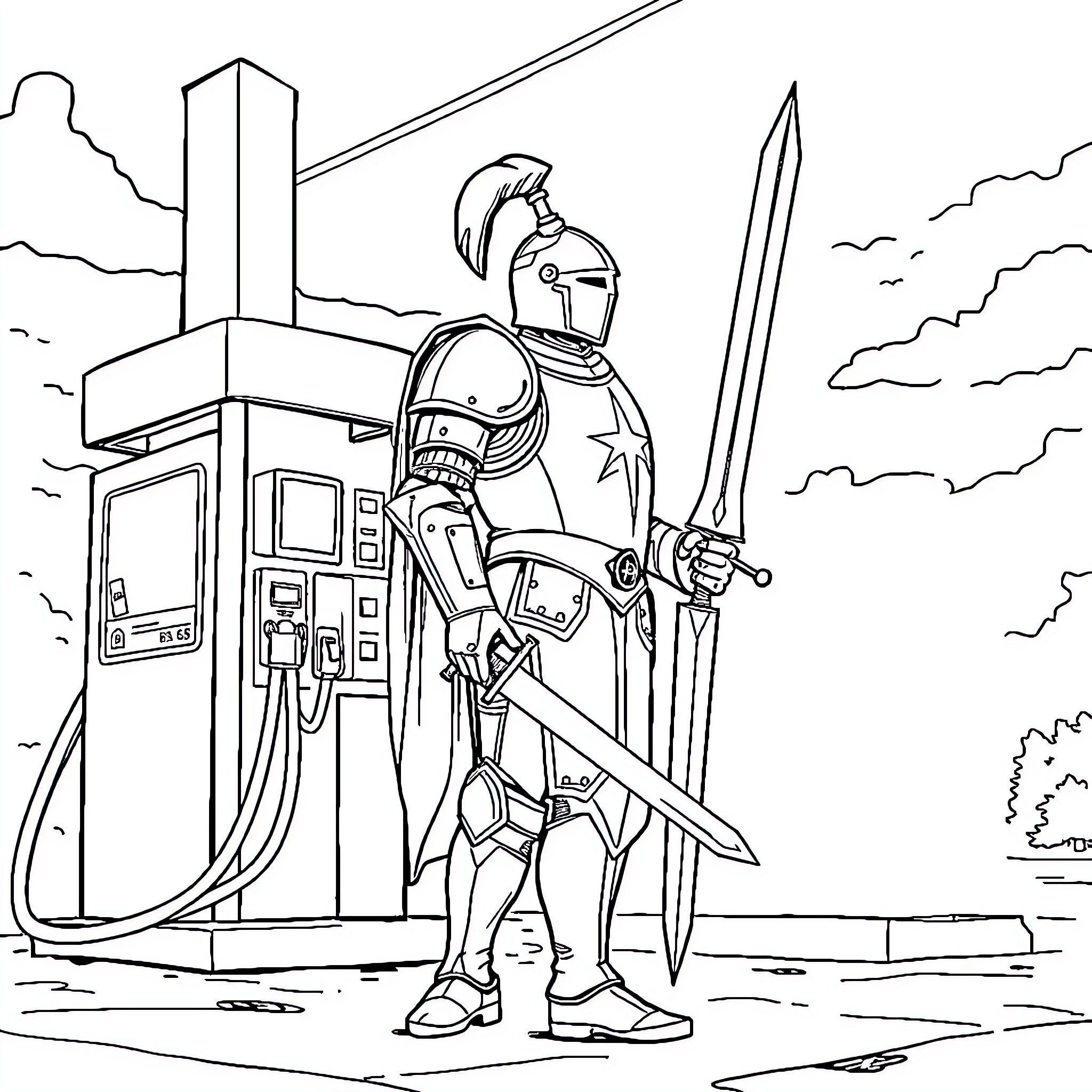 Knight Standing Vigilant with Sword and Armor Coloring Page (free black-and-white line drawing printable PDF for all, from beginners to advanced learners, including children, teens, adults, and seniors)