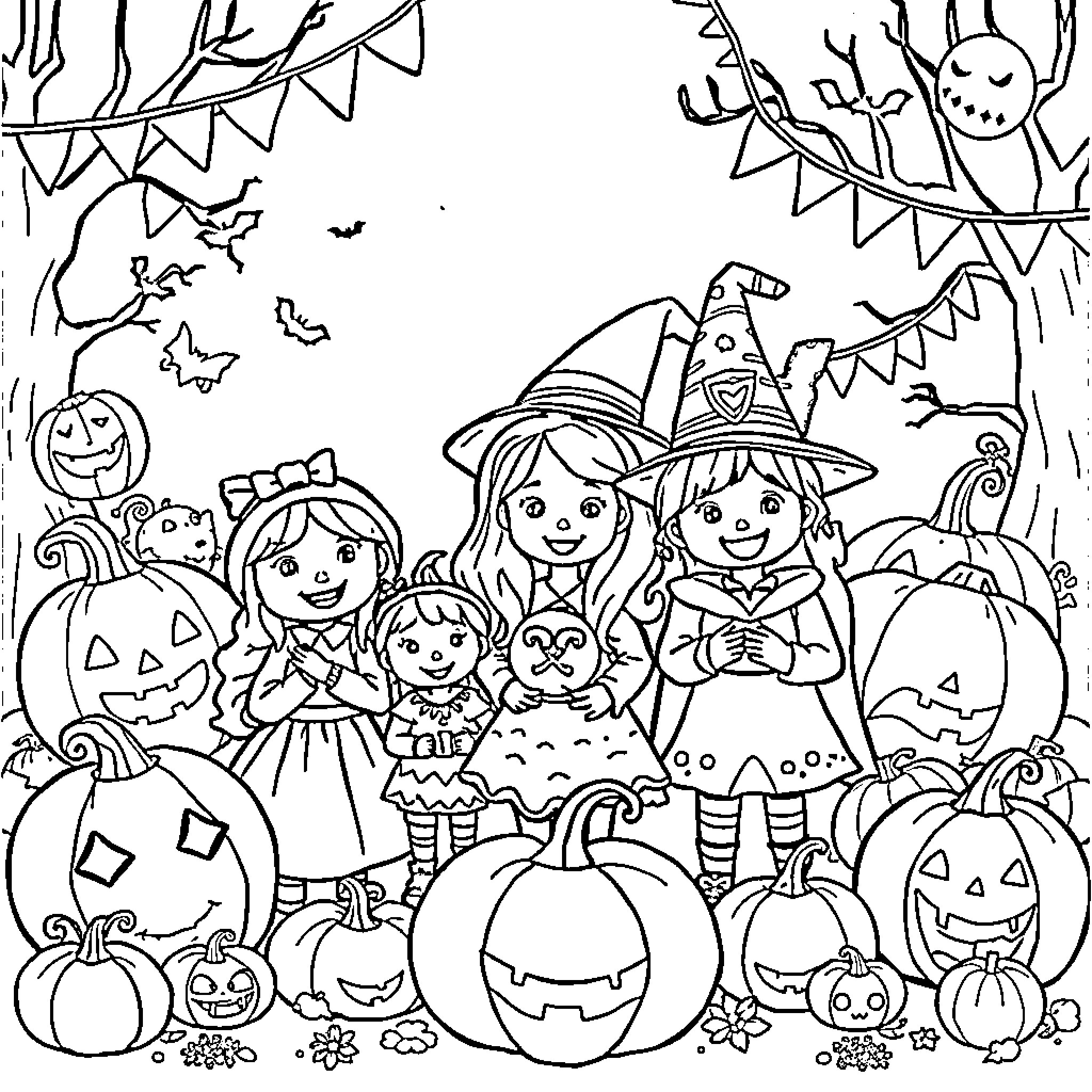 Bluey's Halloween Adventure with Friends Coloring Page (free black-and-white line drawing printable PDF for all, from beginners to advanced learners, including children, teens, adults, and seniors)