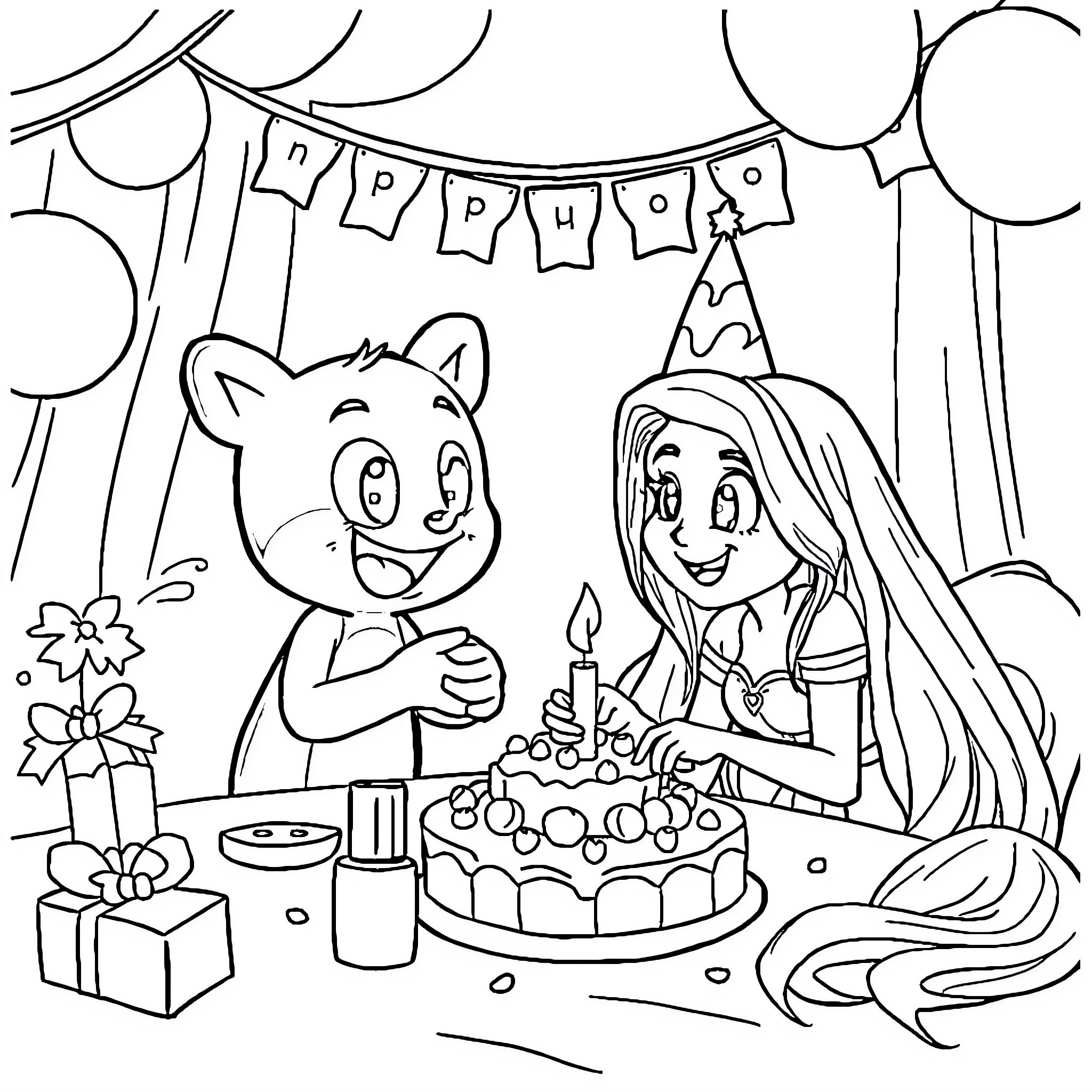 Bluey's Birthday Party with Friends Coloring Page (free black-and-white line drawing printable PDF for all, from beginners to advanced learners, including children, teens, adults, and seniors)