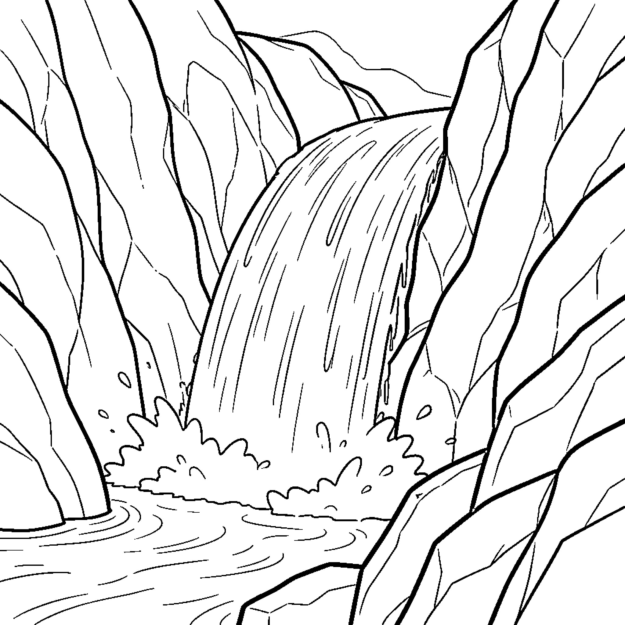 Cascade of water flowing between steep mountain cliffs Coloring Page (free black-and-white line drawing printable PDF for all, from beginners to advanced learners, including children, teens, adults, and seniors)