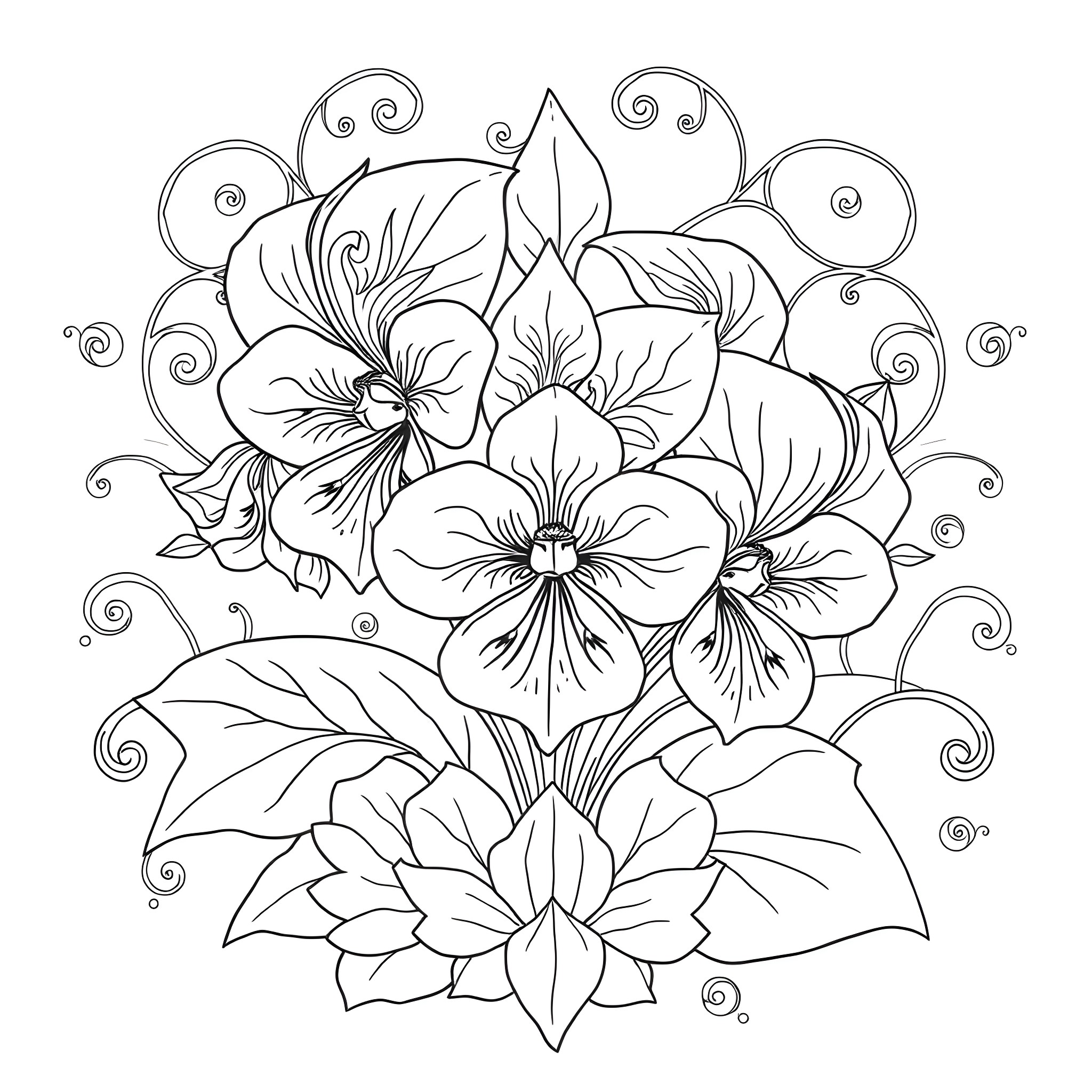 Violet flowers in a floral arrangement Coloring Page (free black-and-white line drawing printable PDF for all, from beginners to advanced learners, including children, teens, adults, and seniors)