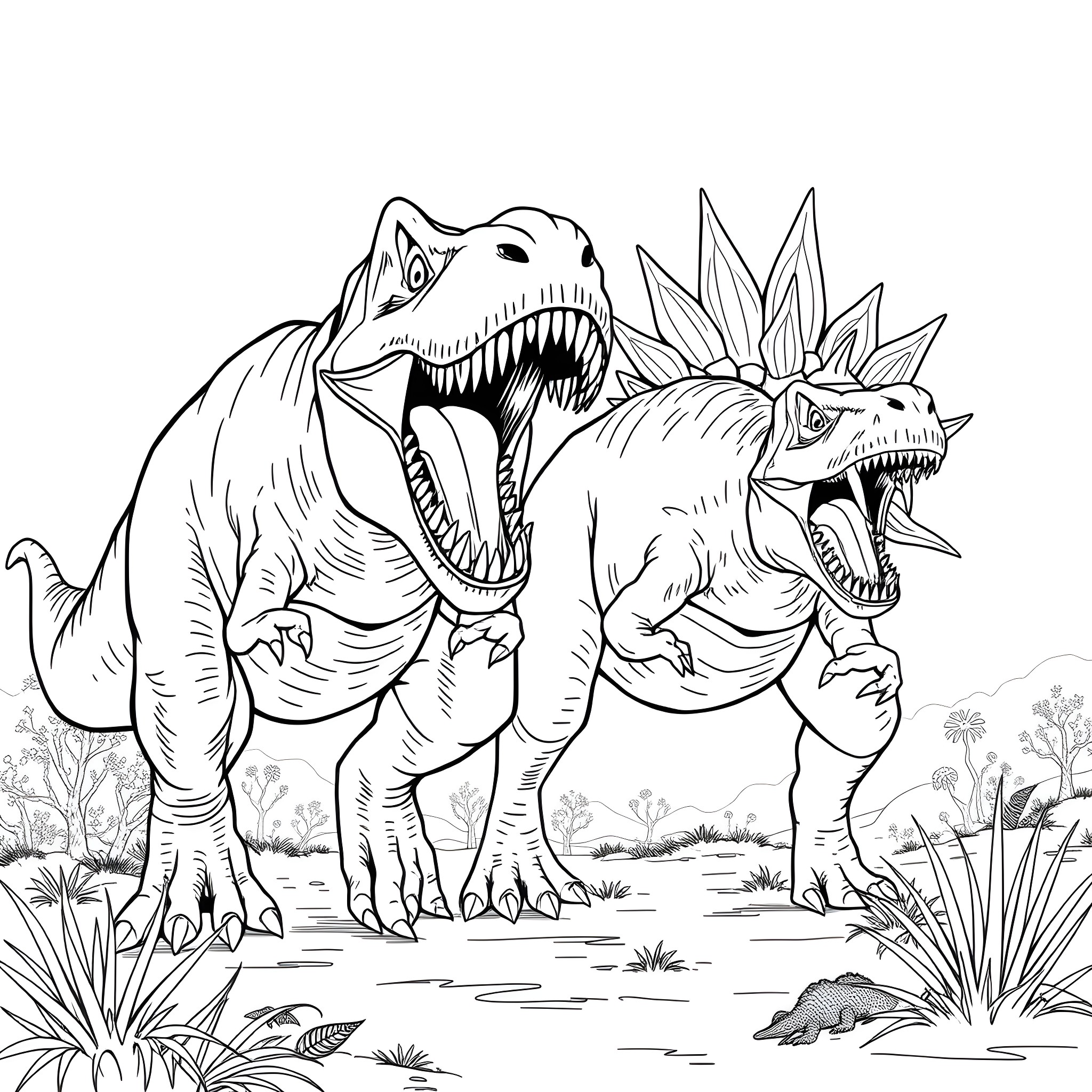 T-Rex Dinosaurs Roaring in the Prehistoric Landscape Coloring Page (free black-and-white line drawing printable PDF for all, from beginners to advanced learners, including children, teens, adults, and seniors)