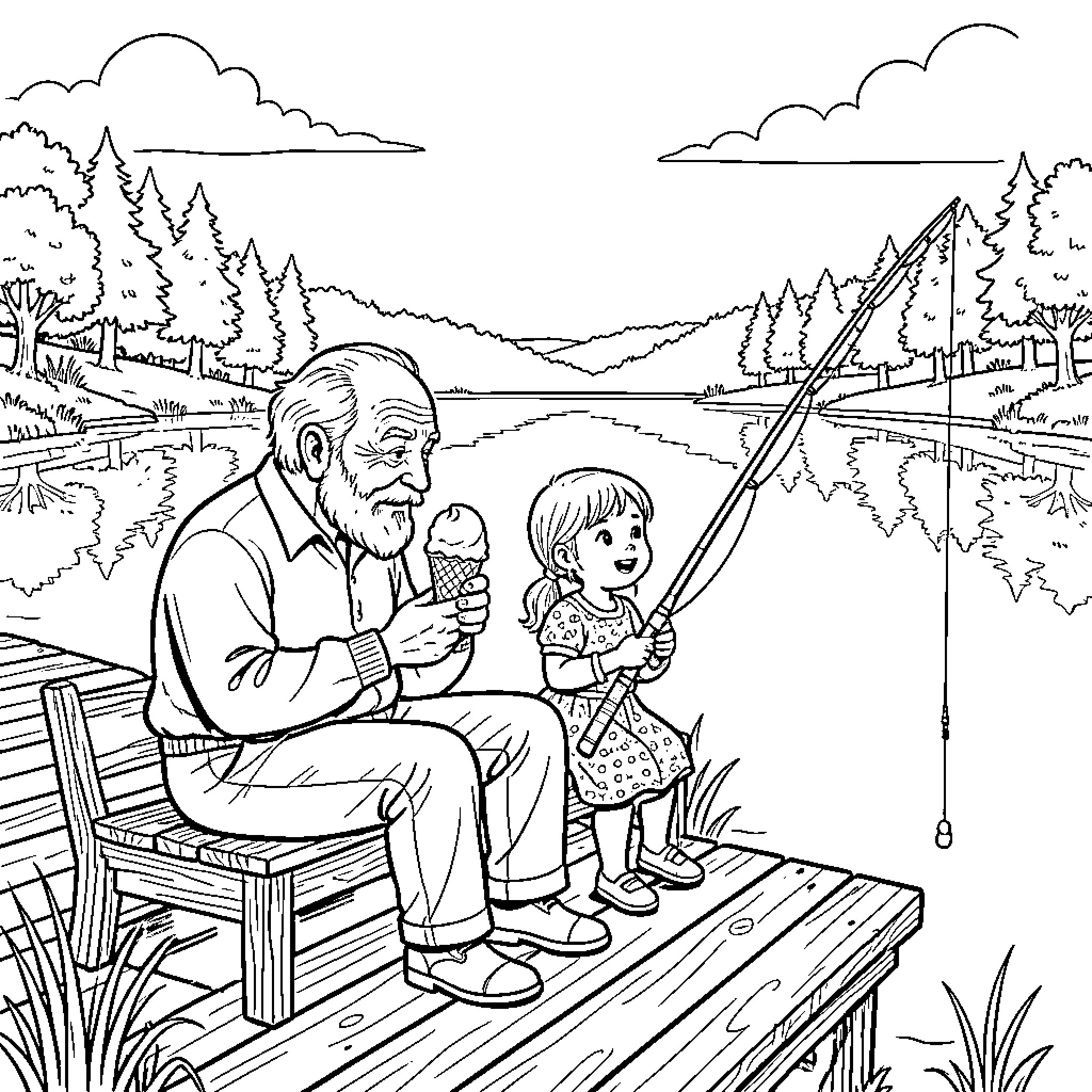 Grandpa sharing ice cream with granddaughter by the lake Coloring Page (free black-and-white line drawing printable PDF for all, from beginners to advanced learners, including children, teens, adults, and seniors)
