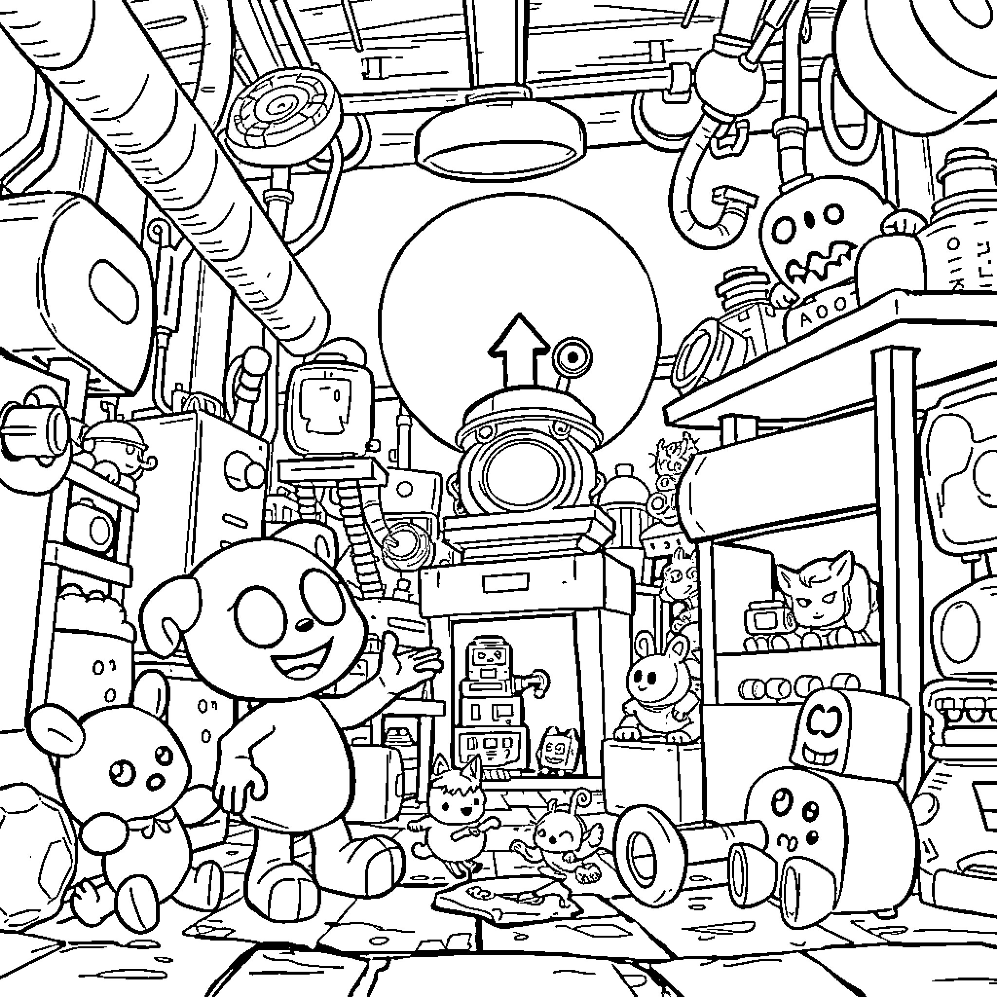 Poppy's Playful Adventure in the Robot Workshop Coloring Page (free black-and-white line drawing printable PDF for all, from beginners to advanced learners, including children, teens, adults, and seniors)