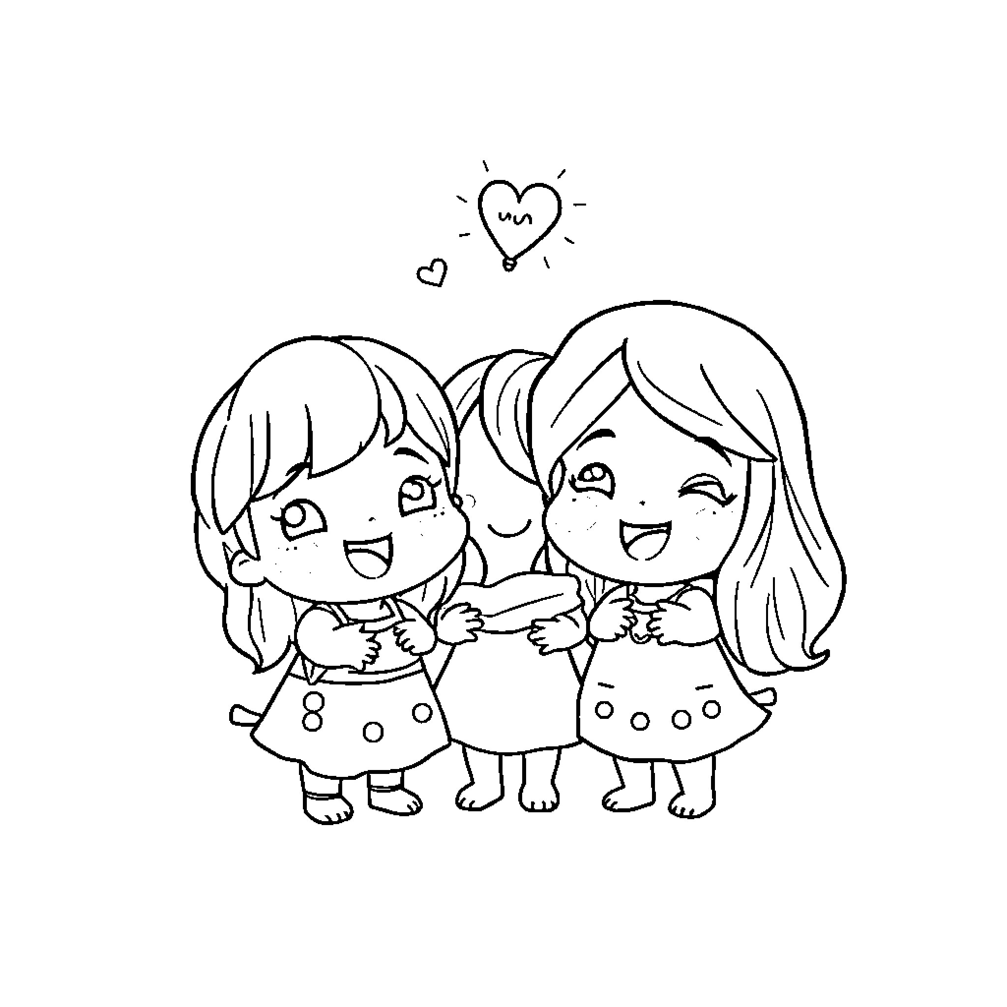 Friends sharing joyful moments together Coloring Page (free black-and-white line drawing printable PDF for all, from beginners to advanced learners, including children, teens, adults, and seniors)