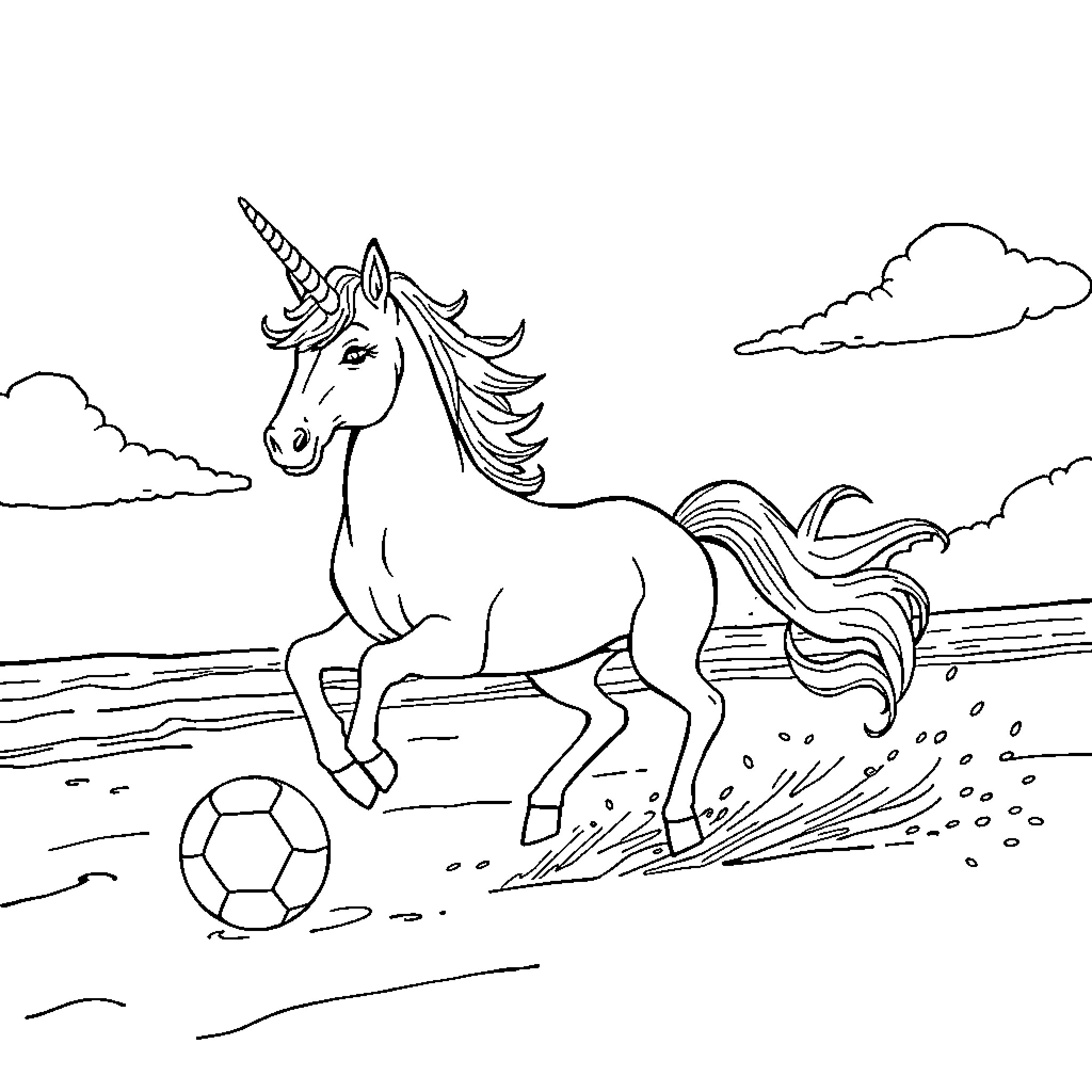 Unicorn Playing with Soccer Ball in the Field Coloring Page (free black-and-white line drawing printable PDF for all, from beginners to advanced learners, including children, teens, adults, and seniors)