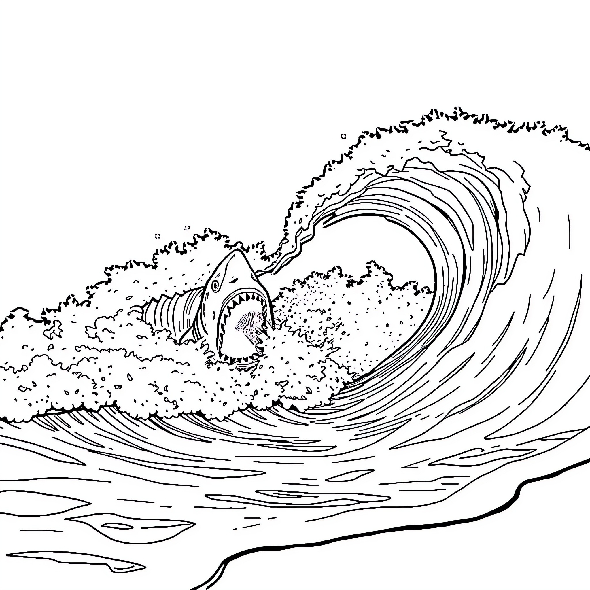 Shark surfing colossal ocean wave Coloring Page (free black-and-white line drawing printable PDF for all, from beginners to advanced learners, including children, teens, adults, and seniors)