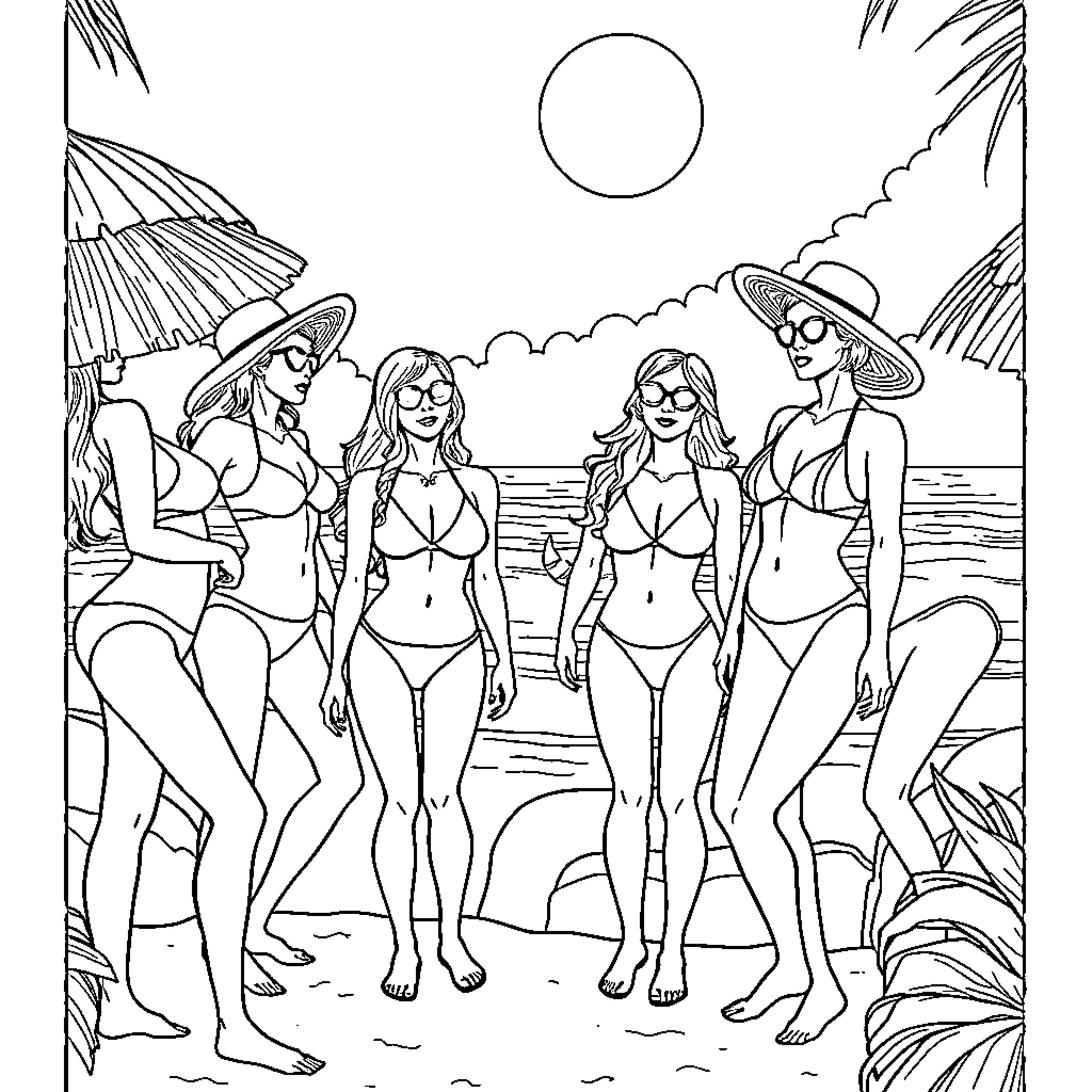 Ladies enjoying a sunny day at the beach Coloring Page (free black-and-white line drawing printable PDF for all, from beginners to advanced learners, including children, teens, adults, and seniors)