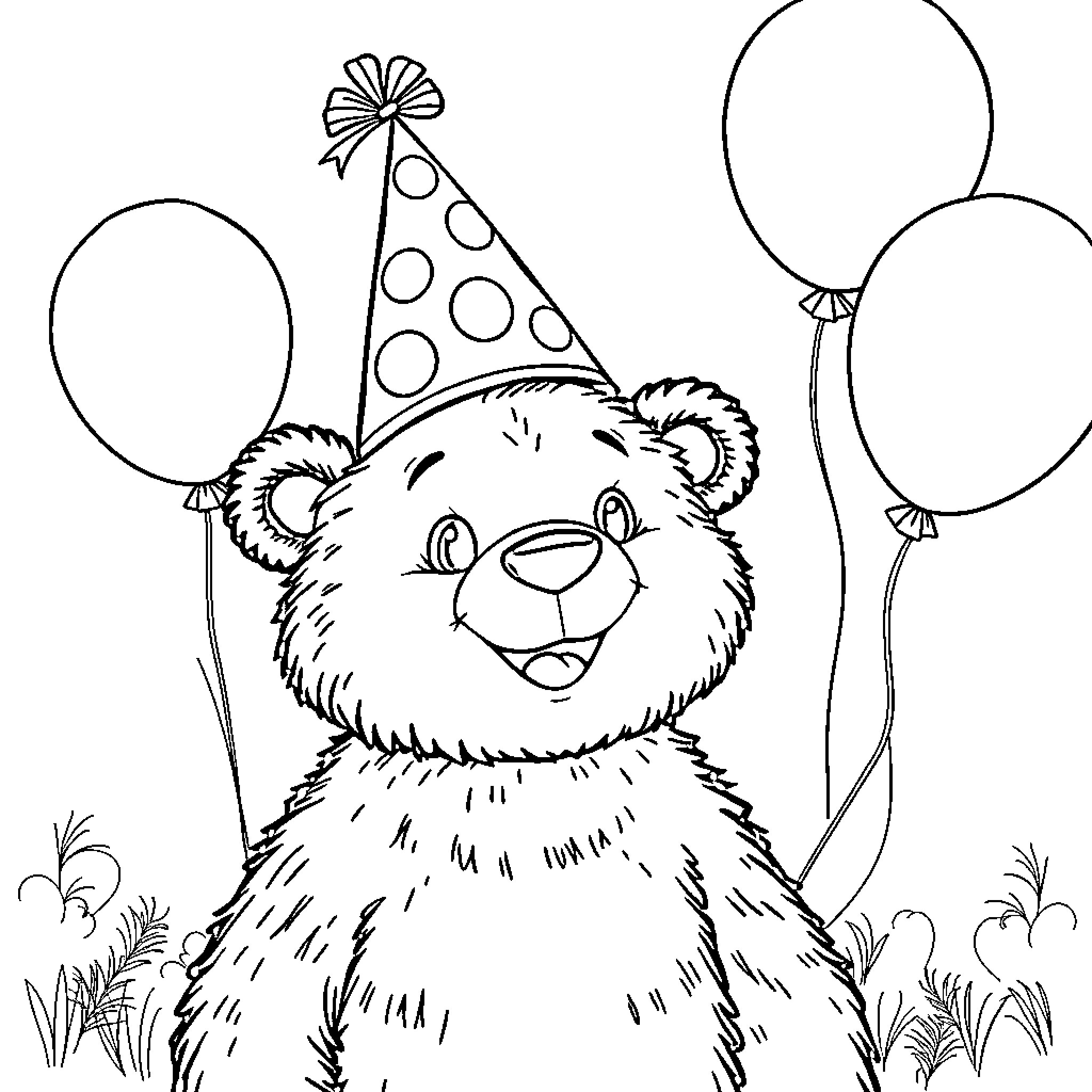 Bear celebrates with festive balloons Coloring Page (free black-and-white line drawing printable PDF for all, from beginners to advanced learners, including children, teens, adults, and seniors)
